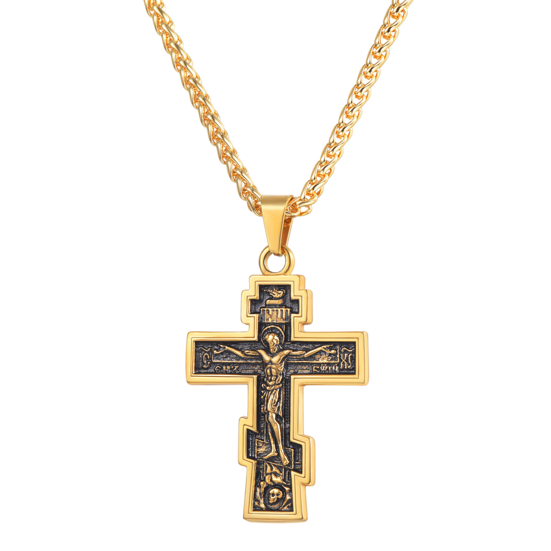Orthodox Cross Pendant Jesus Crucifix Necklace in 18K Gold Plated