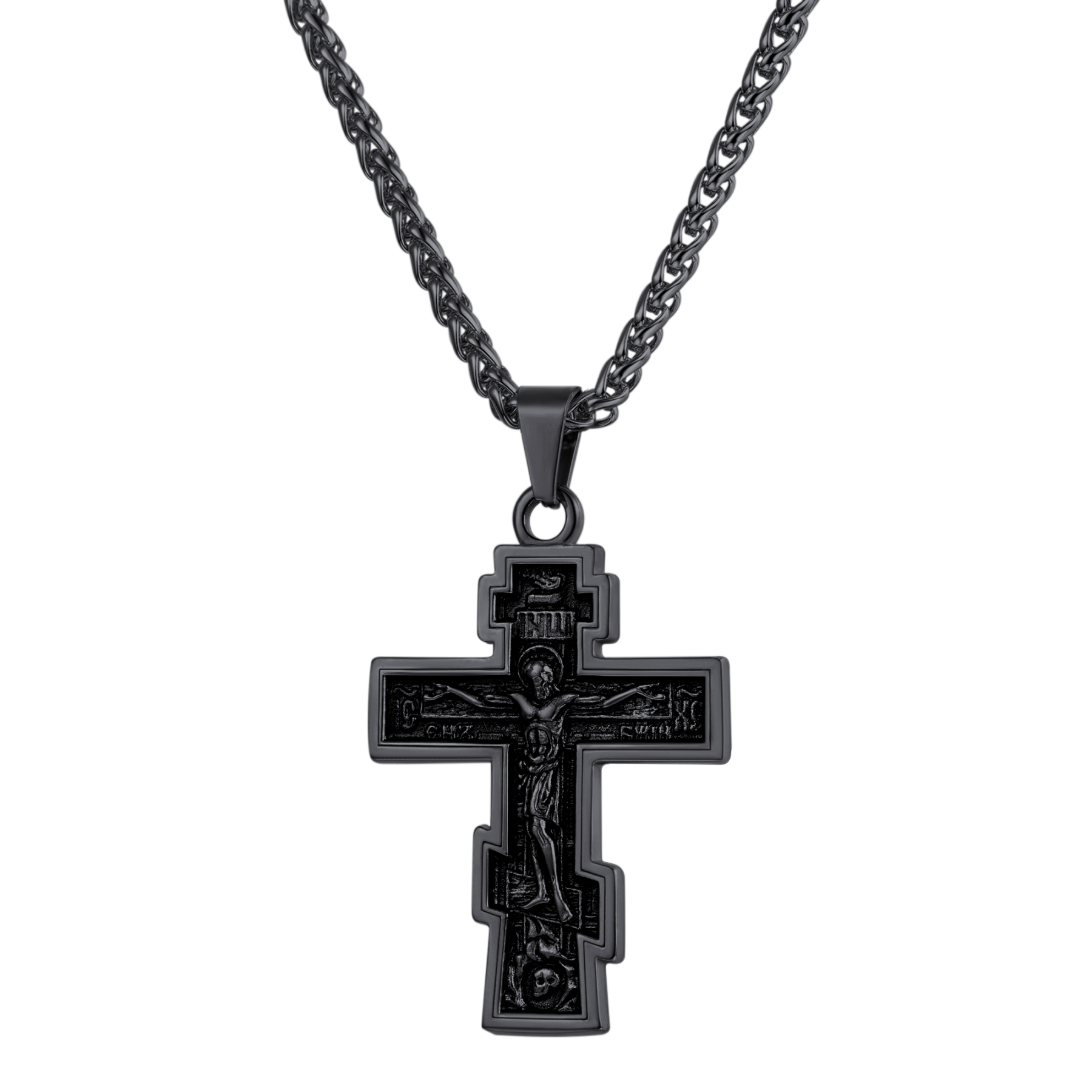 Orthodox Cross Pendant Jesus Crucifix Necklace in Black Plated