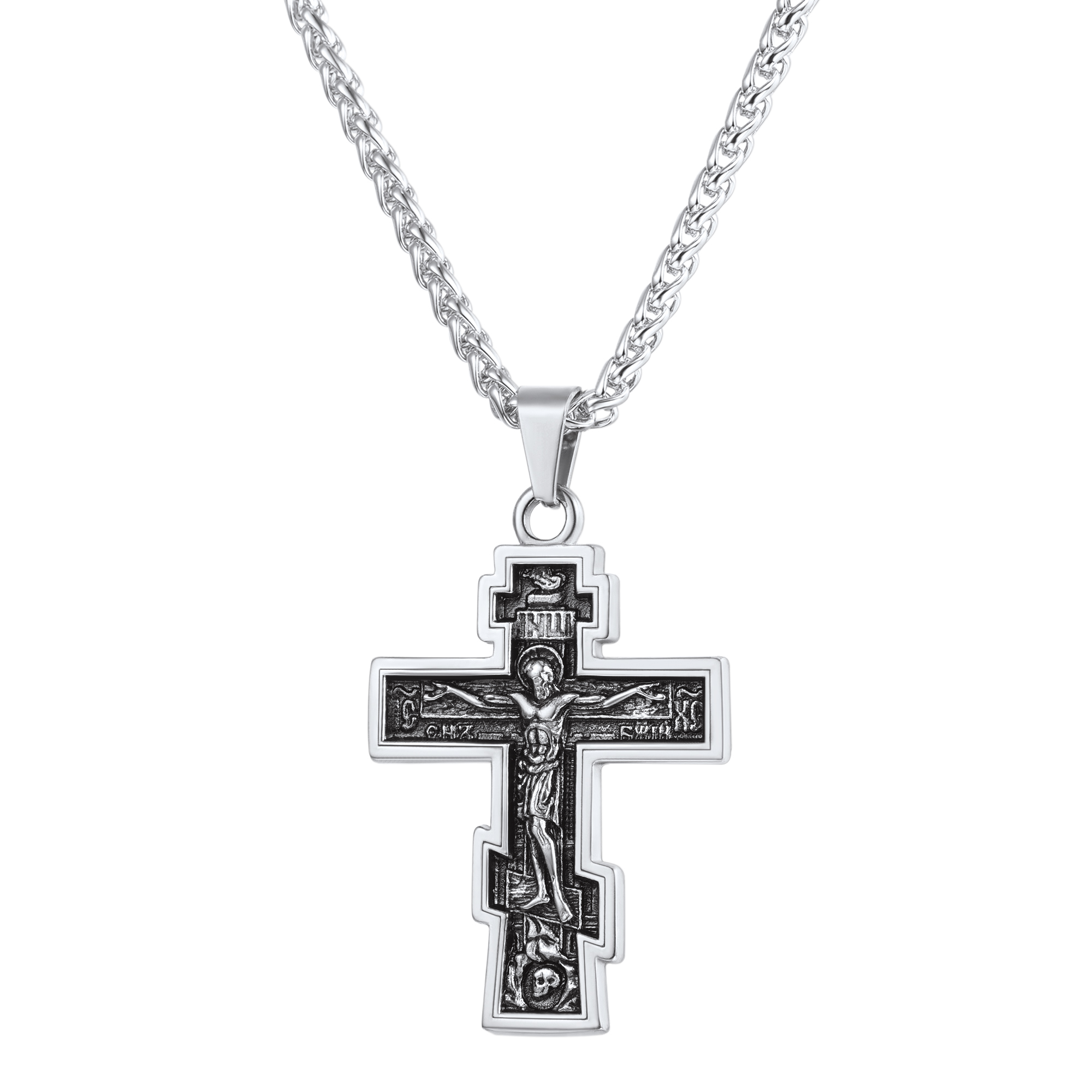Orthodox Cross Pendant Jesus Crucifix Necklace in Stainless Steel