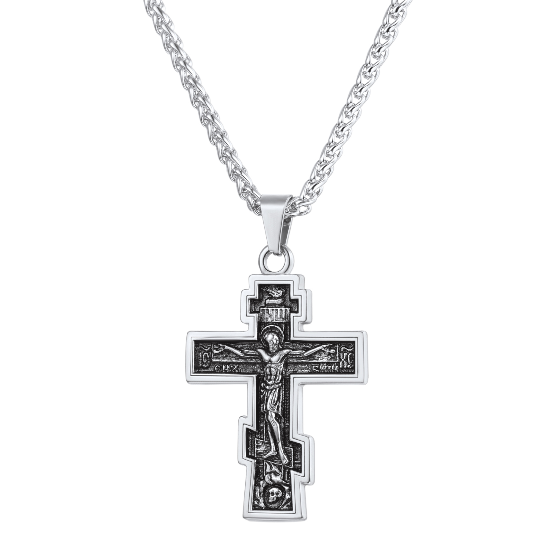 Orthodox Cross Pendant Jesus Crucifix Necklace in Stainless Steel