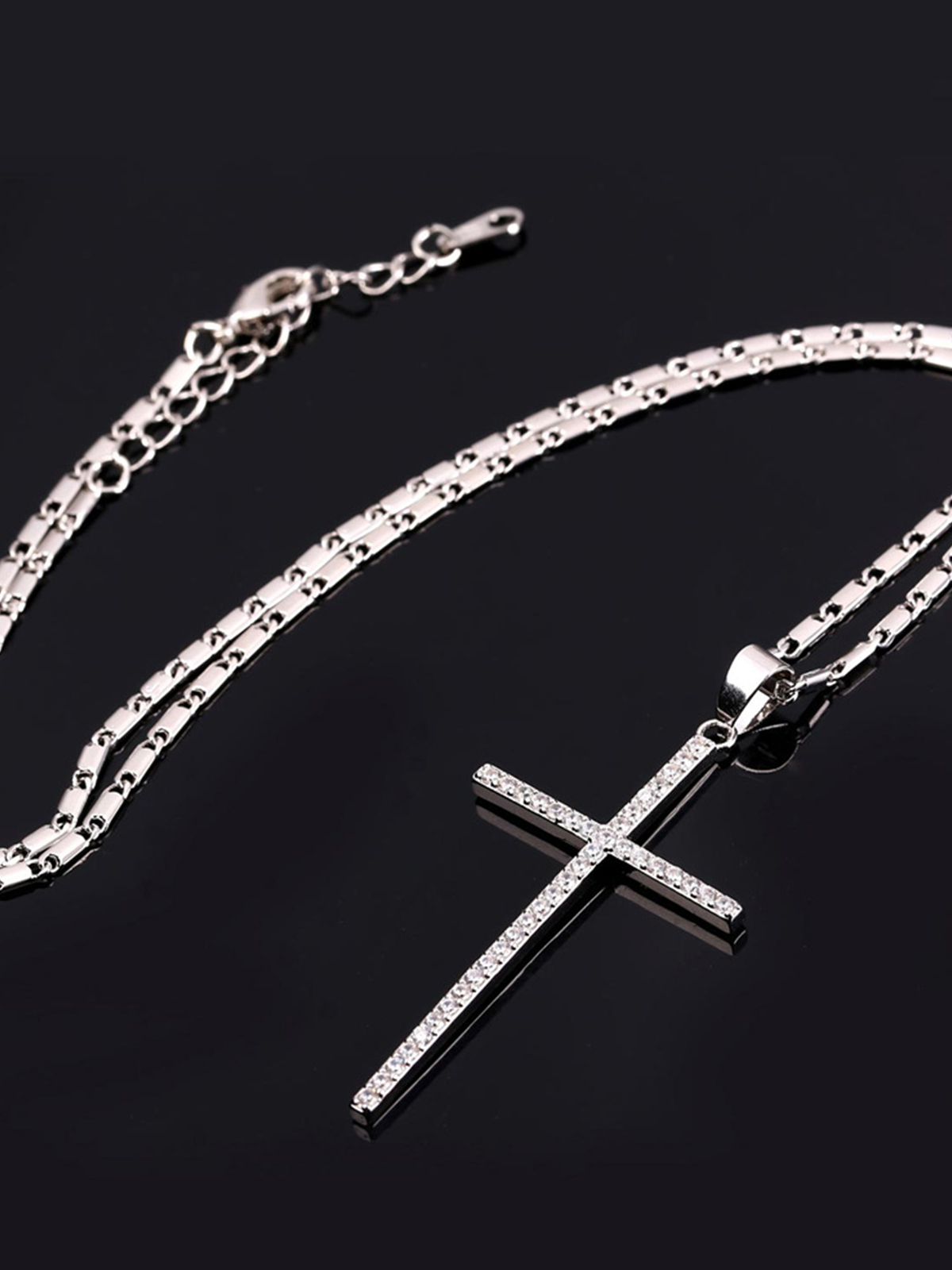 Classic Cross Pendant Necklace with CZ in Platinum
