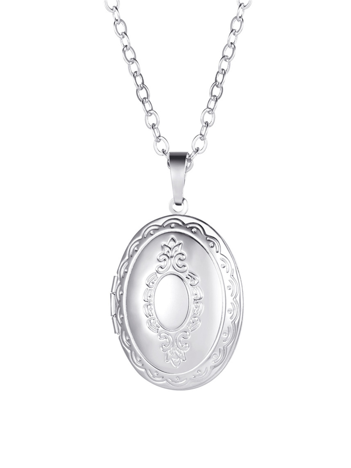 Photo Locket Pendant Oval Necklace in Platinum