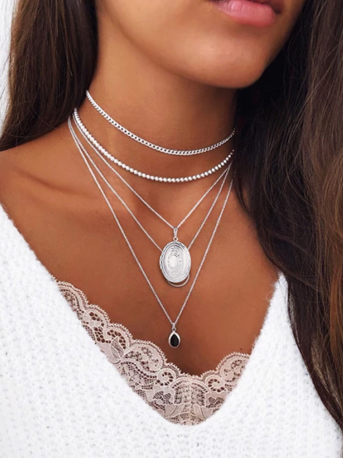 Photo Locket Pendant Oval Necklace in Platinum