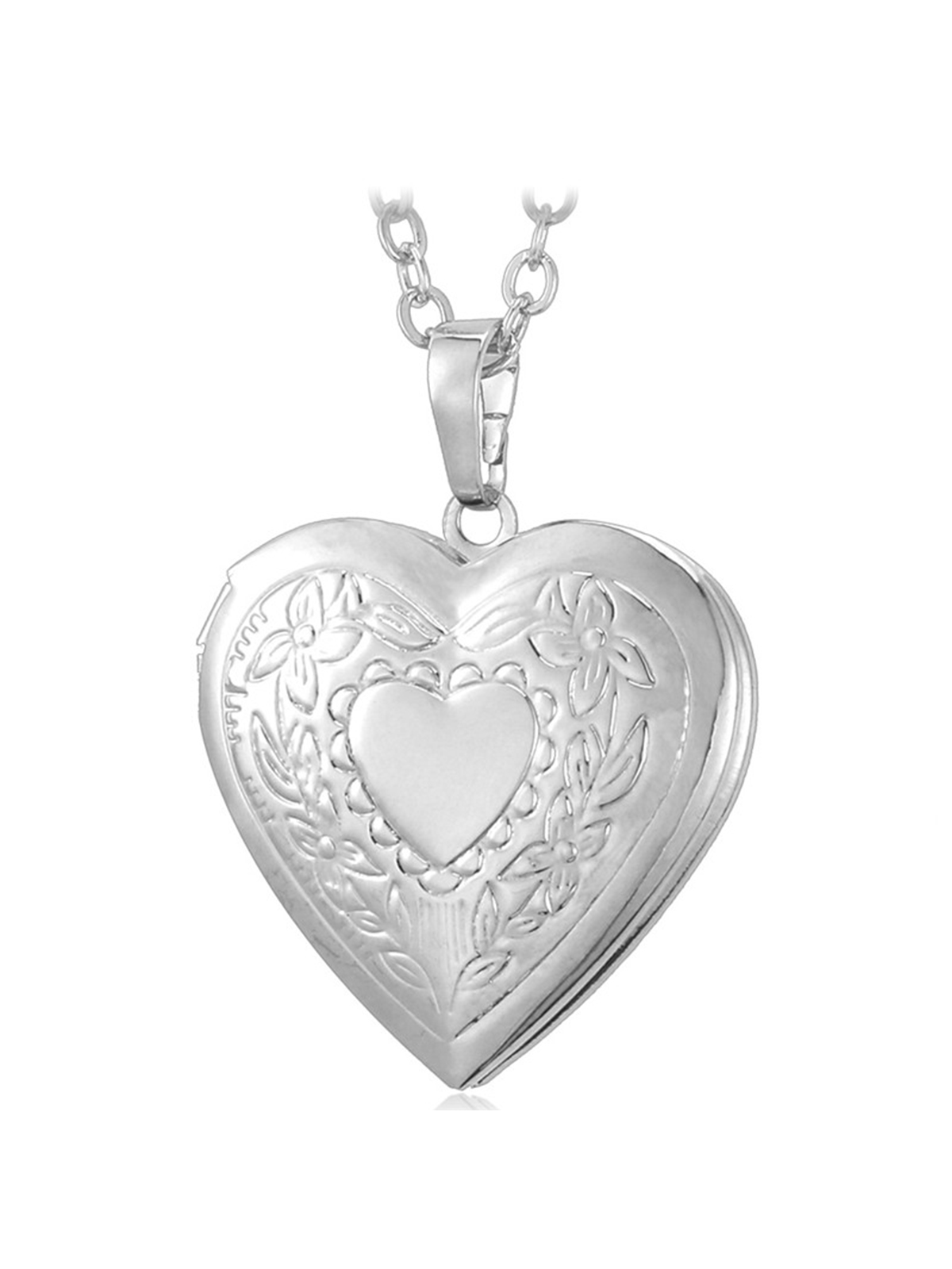 Photo Locket Pendant Flower Heart Necklace in Platinum