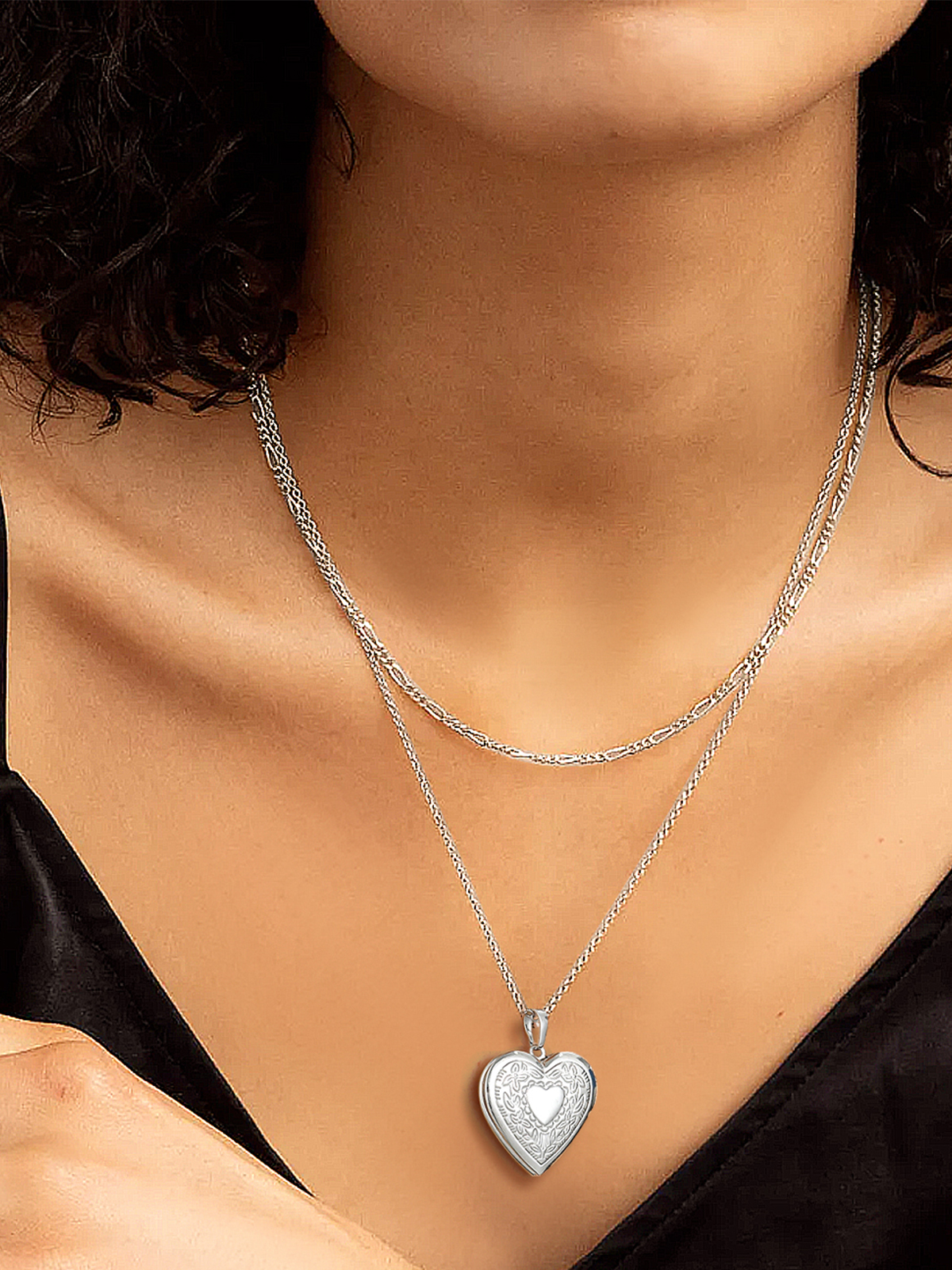 Photo Locket Pendant Flower Heart Necklace in Platinum