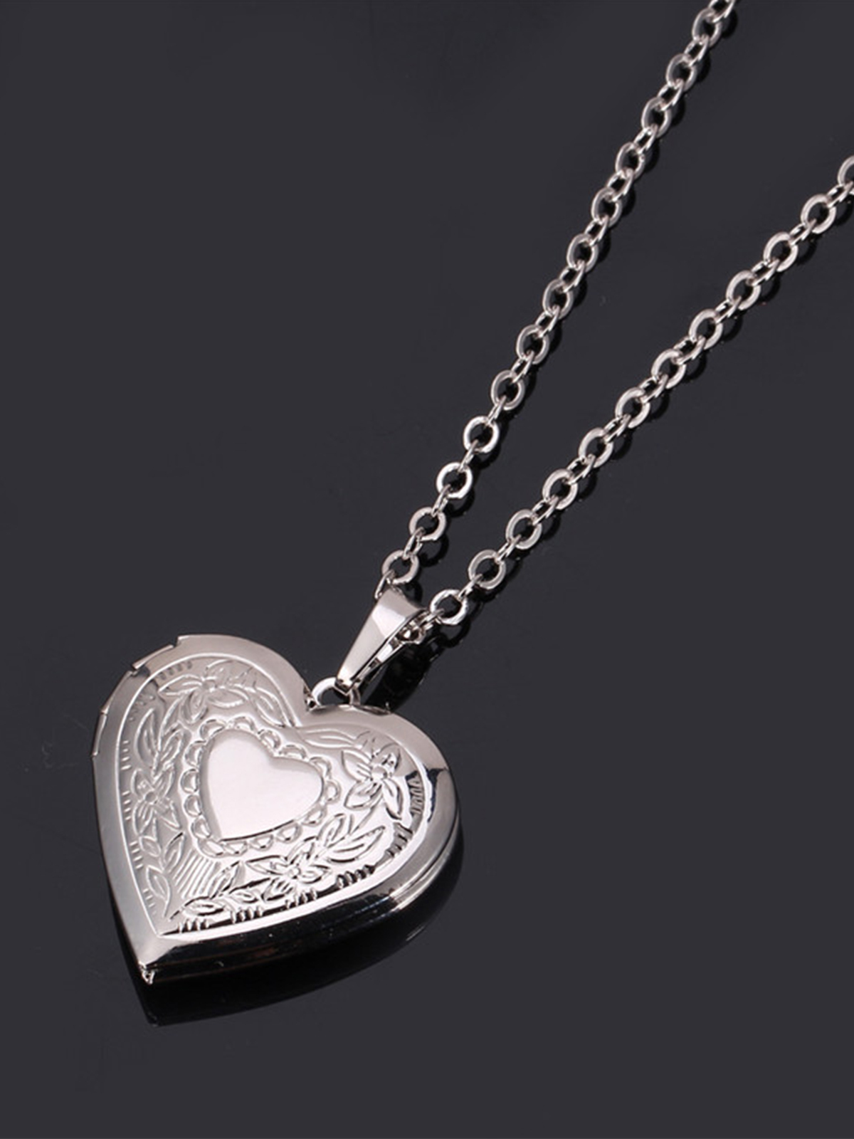 Photo Locket Pendant Flower Heart Necklace in Platinum