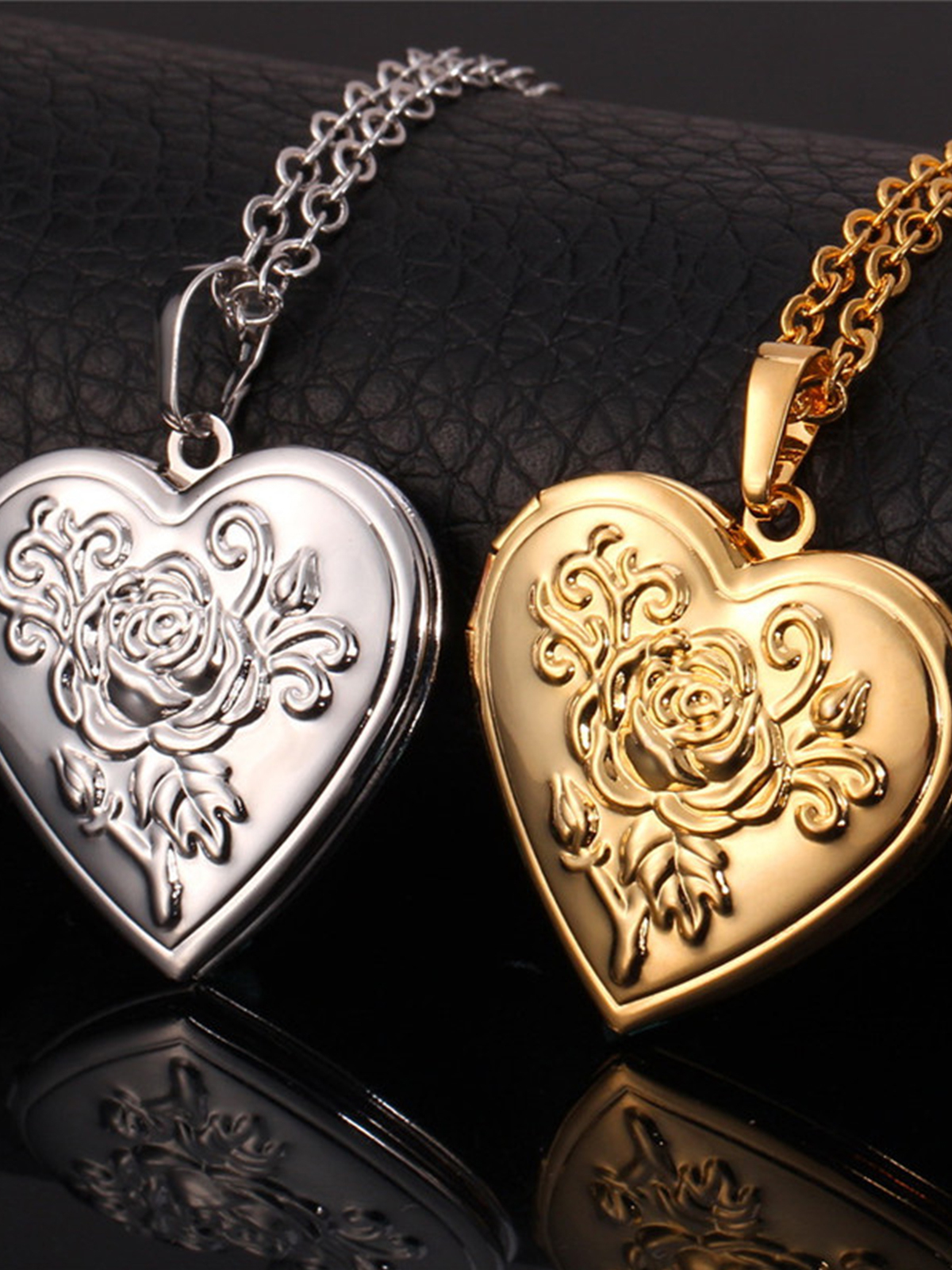 Photo Locket Pendant Rose Heart Necklace in Platinum