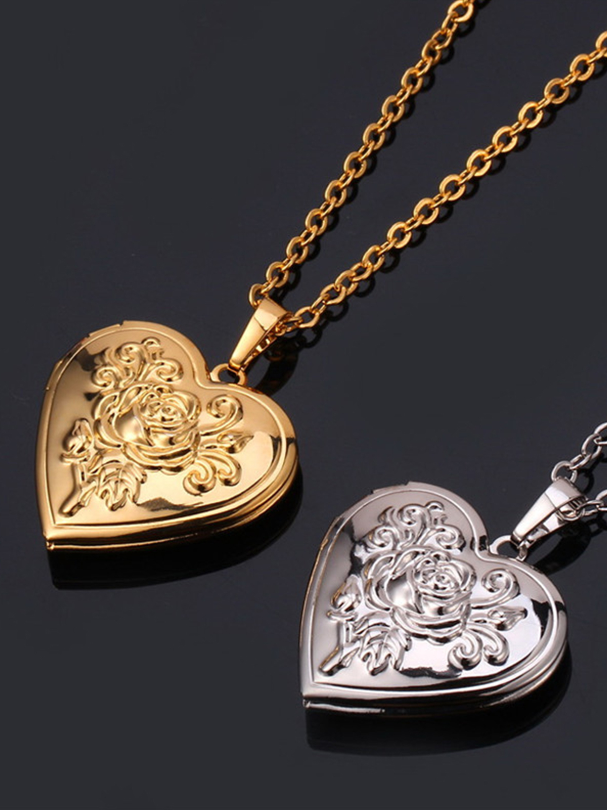 Photo Locket Pendant Rose Heart Necklace in Platinum