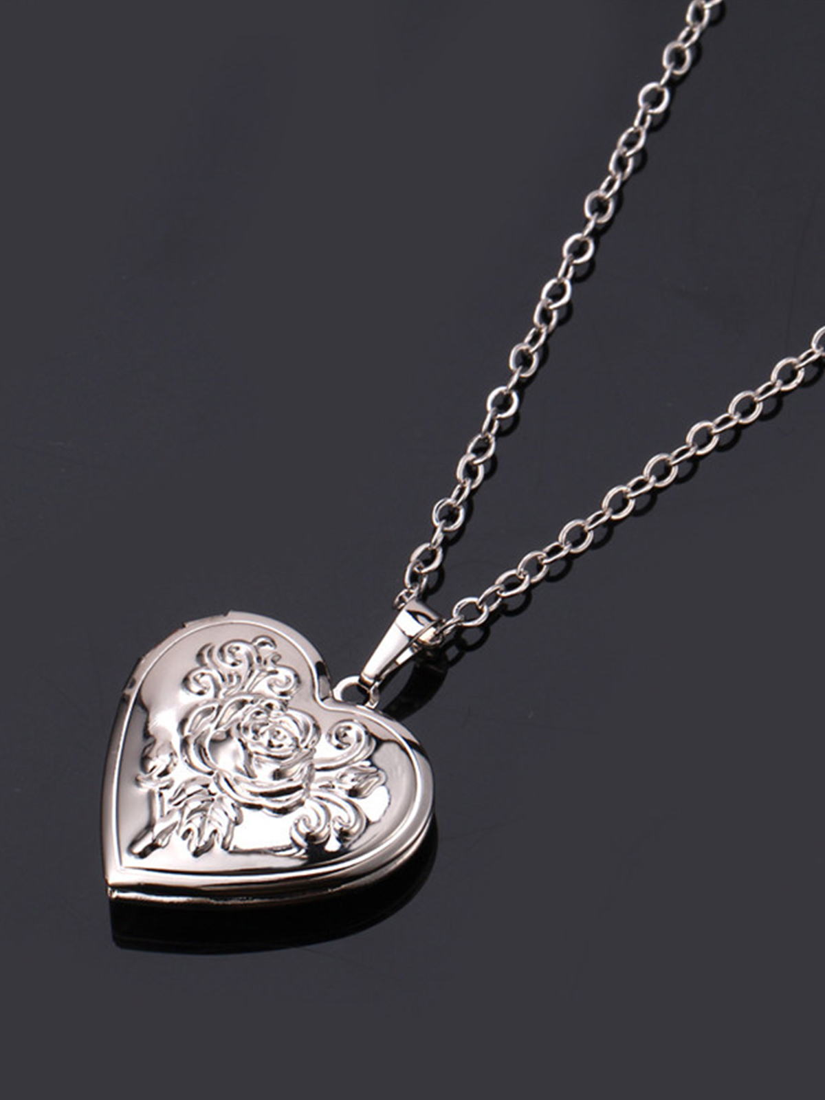 Photo Locket Pendant Rose Heart Necklace in Platinum