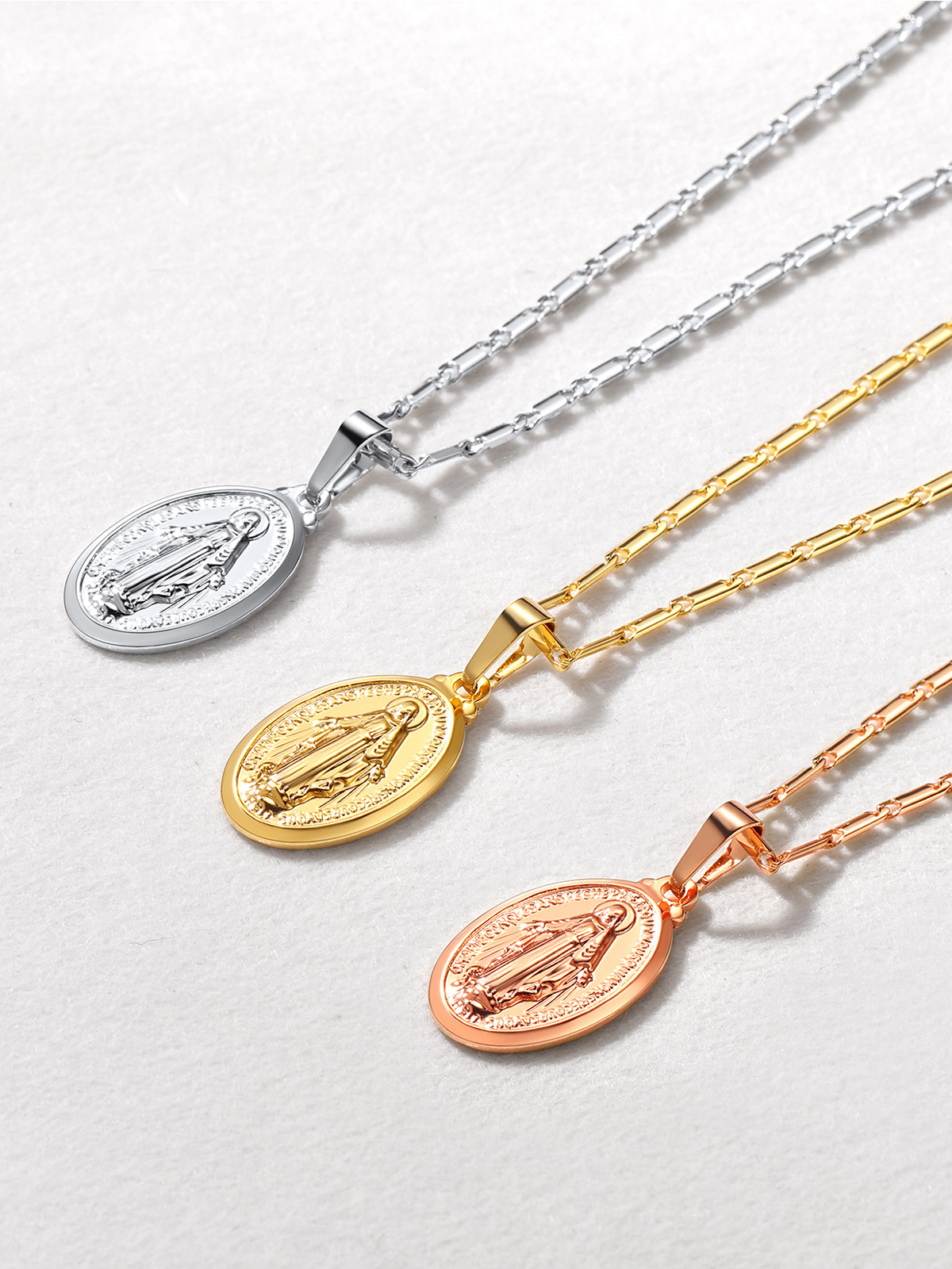 Virgin Mary Pendant Oval Miraculous Medal Necklace in 18K Gold