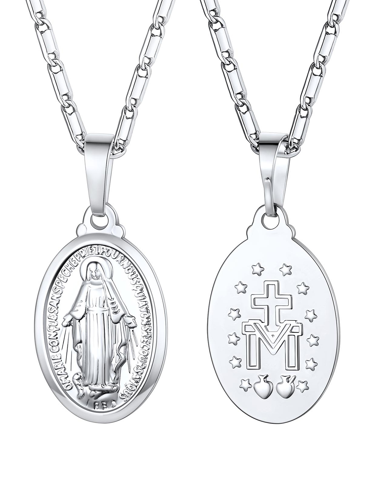 Virgin Mary Pendant Oval Miraculous Medal Necklace in Platinum