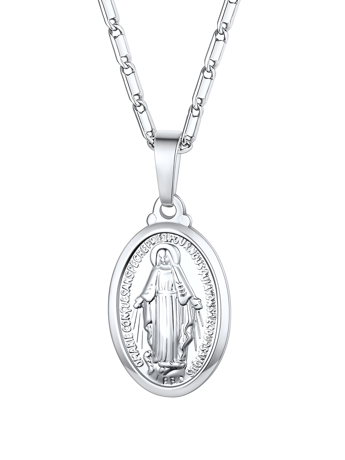 Virgin Mary Pendant Oval Miraculous Medal Necklace in Platinum