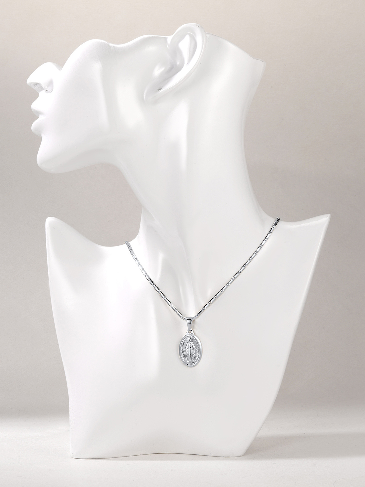 Virgin Mary Pendant Oval Miraculous Medal Necklace in Platinum