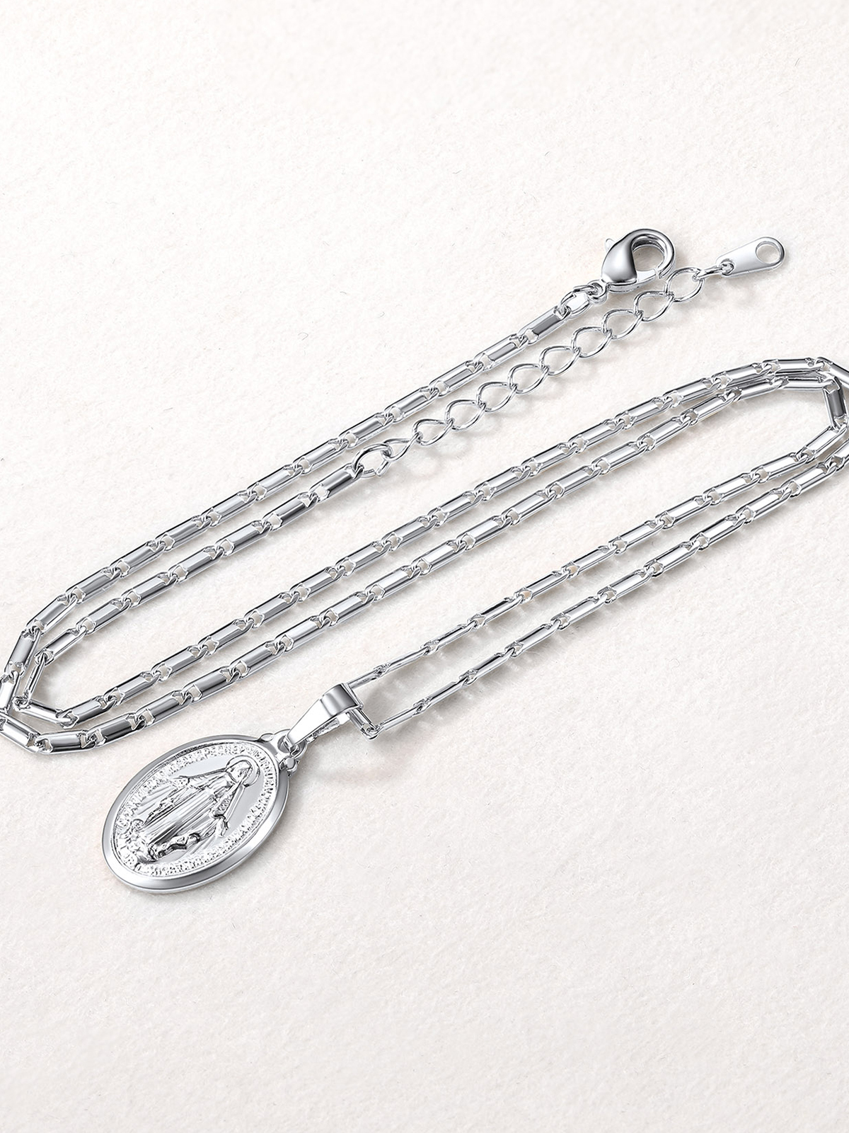 Virgin Mary Pendant Oval Miraculous Medal Necklace in Platinum