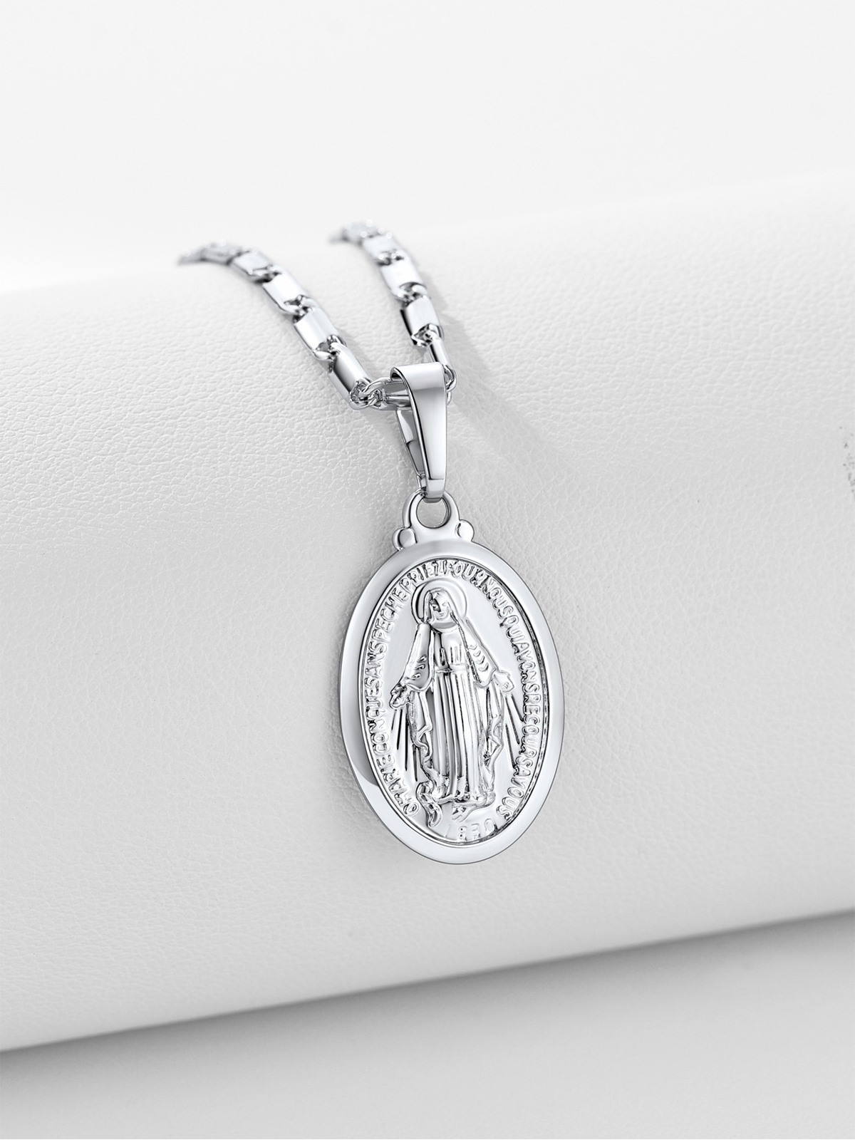 Virgin Mary Pendant Oval Miraculous Medal Necklace in Platinum
