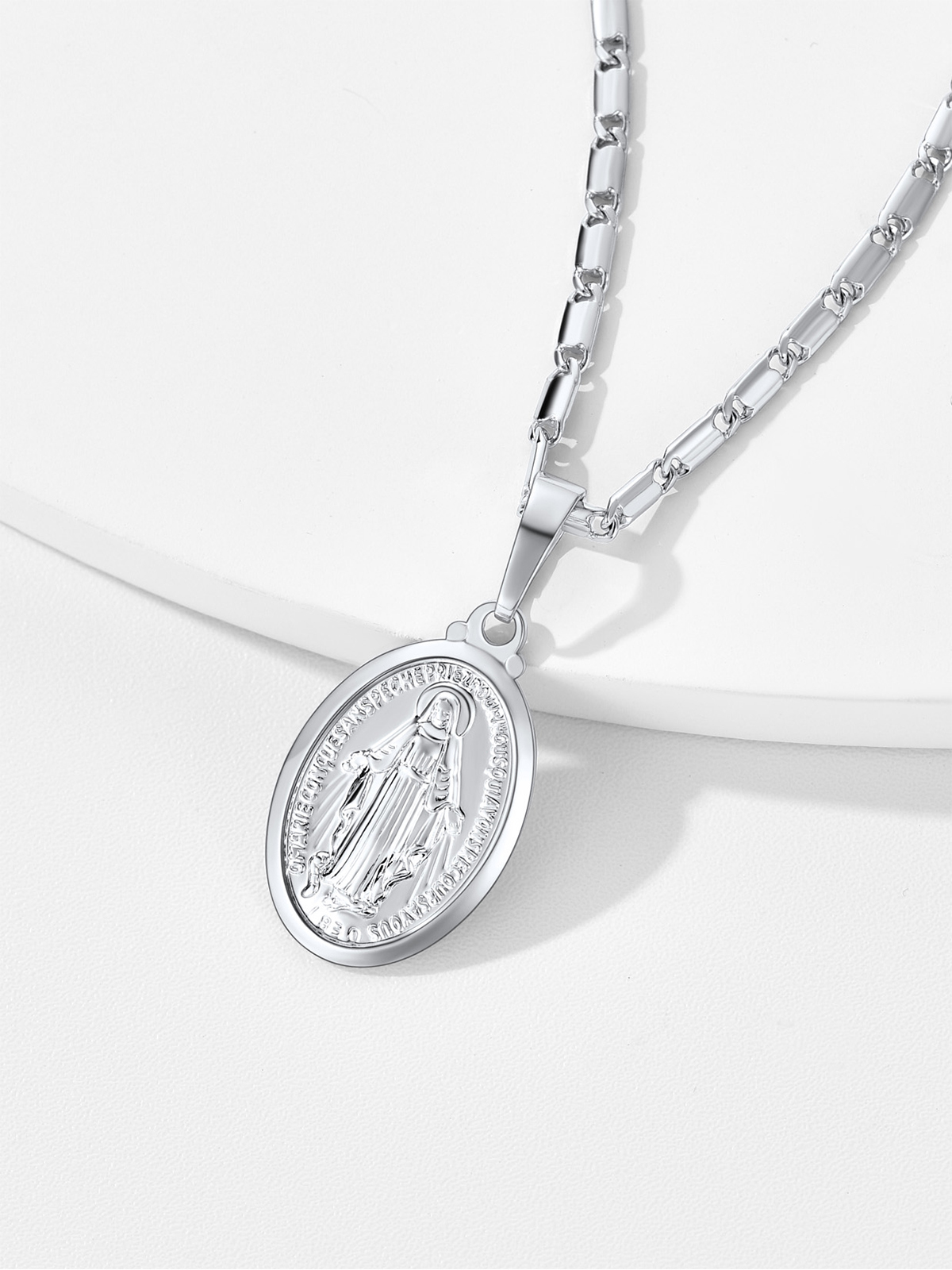 Virgin Mary Pendant Oval Miraculous Medal Necklace in Platinum