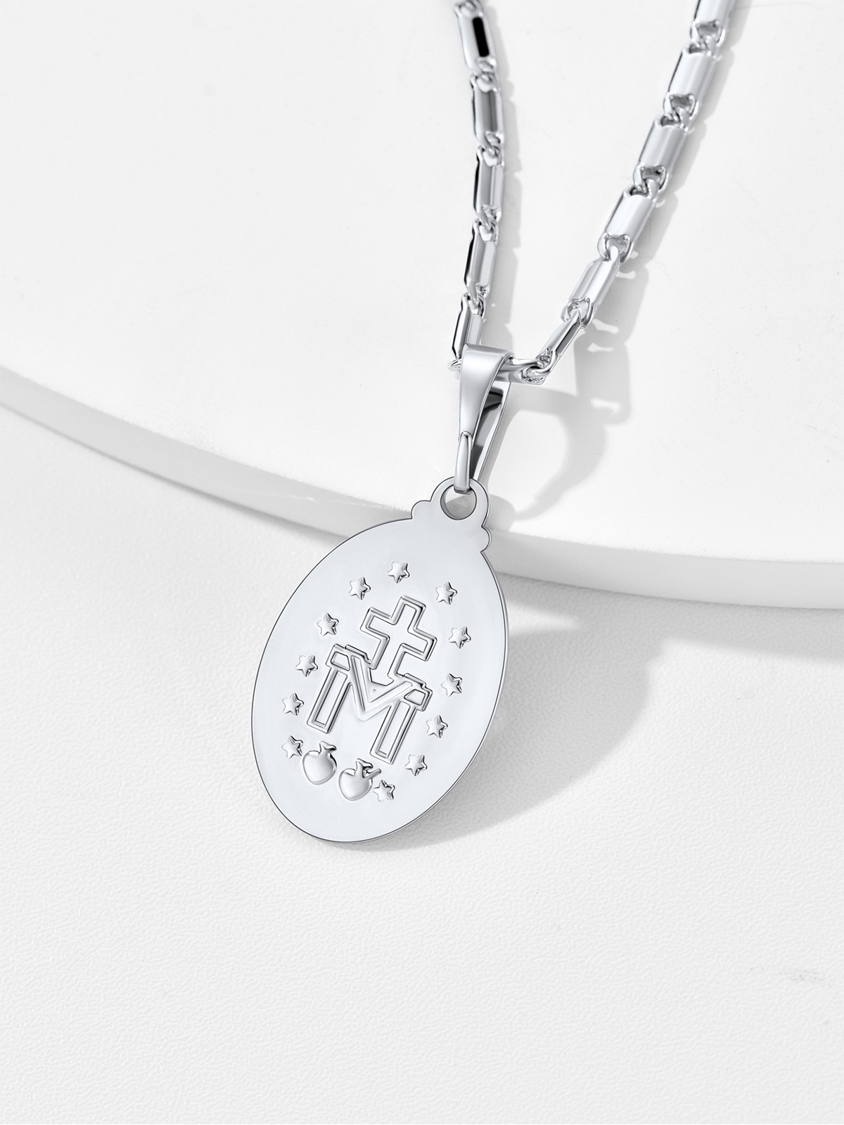 Virgin Mary Pendant Oval Miraculous Medal Necklace in Platinum