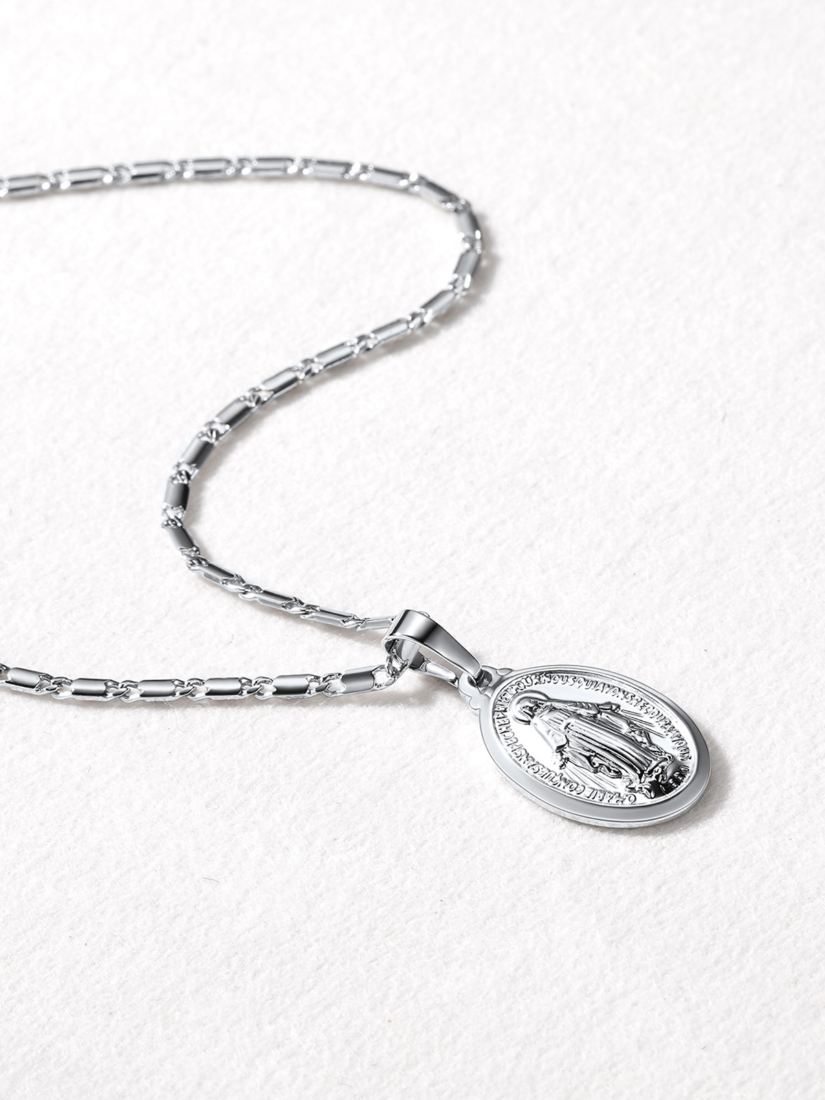 Virgin Mary Pendant Oval Miraculous Medal Necklace in Platinum