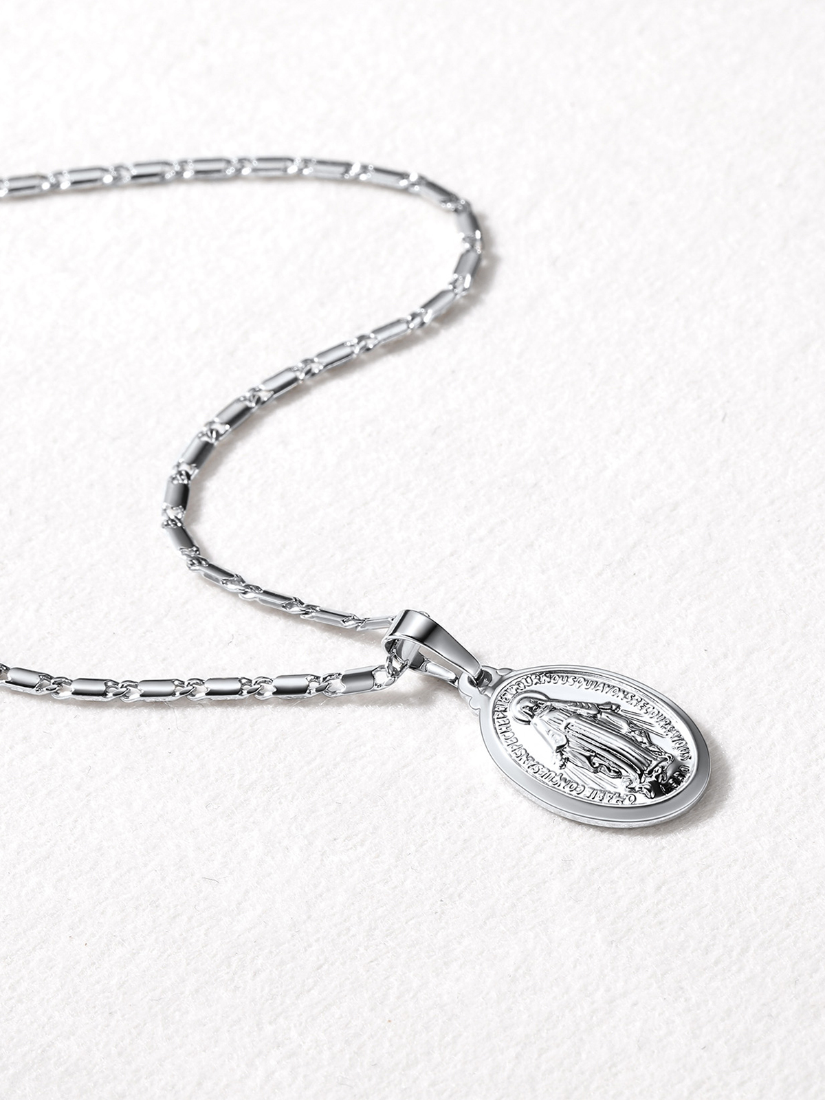 Virgin Mary Pendant Oval Miraculous Medal Necklace in Platinum