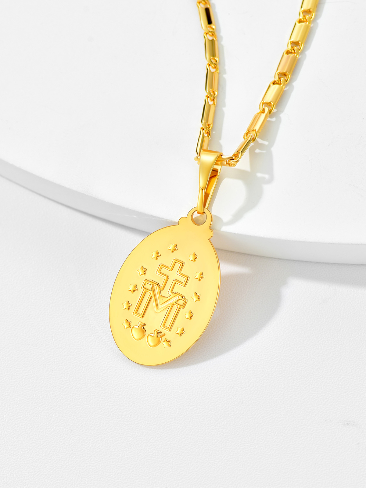 Virgin Mary Pendant Oval Miraculous Medal Necklace in 18K Gold