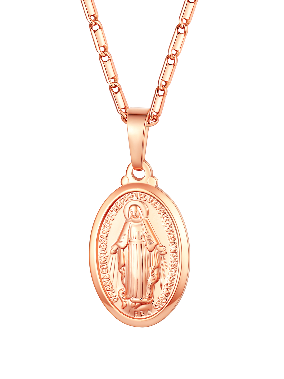 Virgin Mary Pendant Oval Miraculous Medal Necklace in Rose Gold