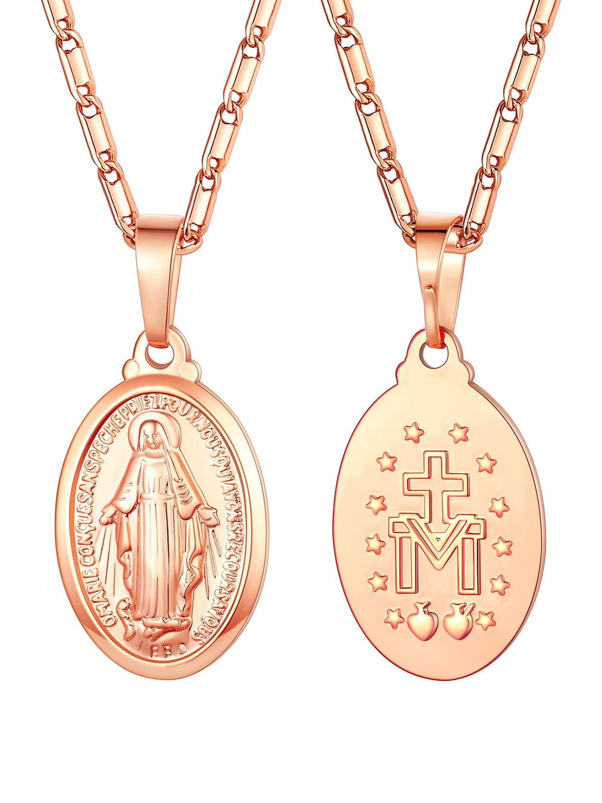 Virgin Mary Pendant Oval Miraculous Medal Necklace in Rose Gold