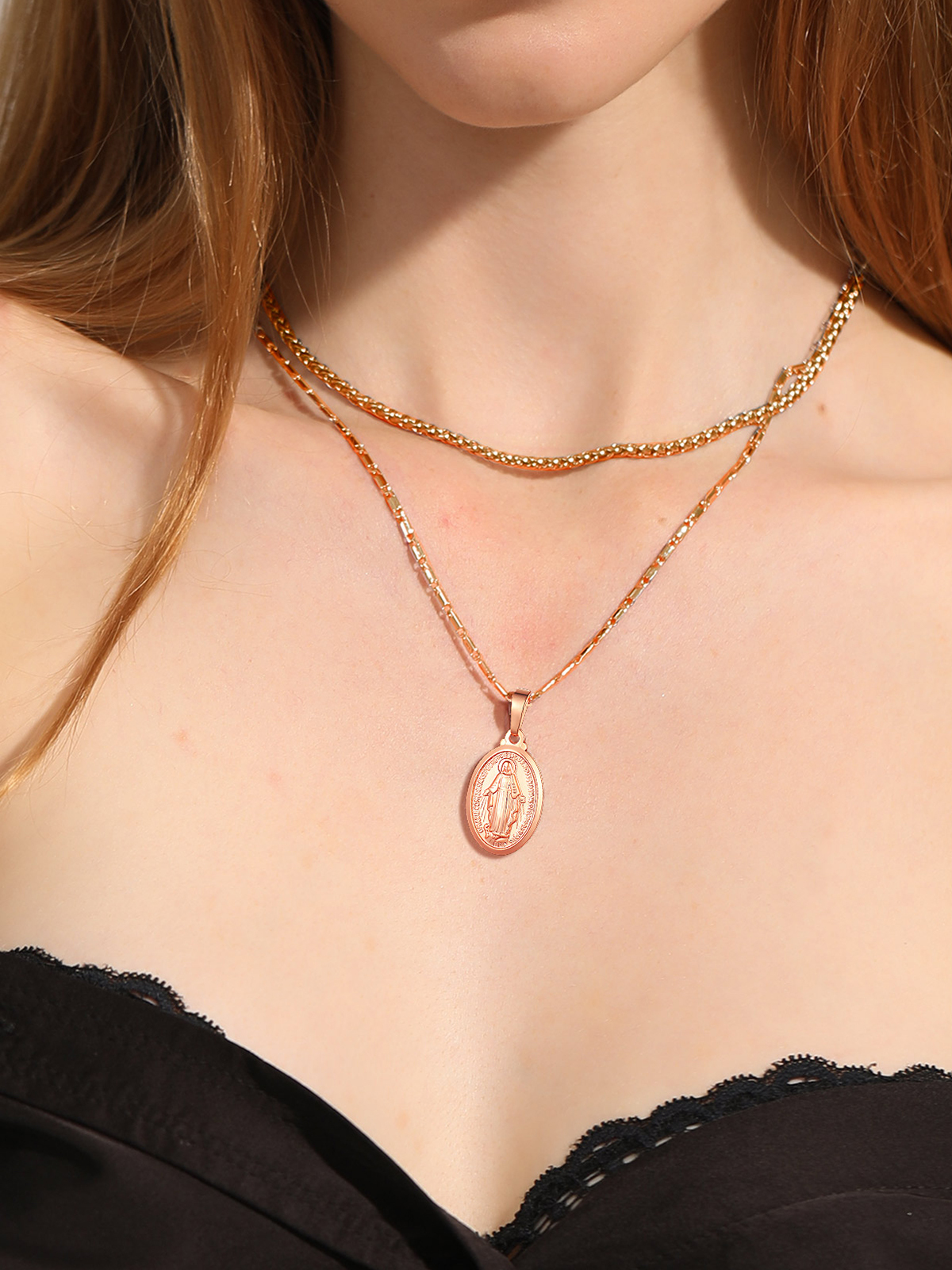 Virgin Mary Pendant Oval Miraculous Medal Necklace in Rose Gold