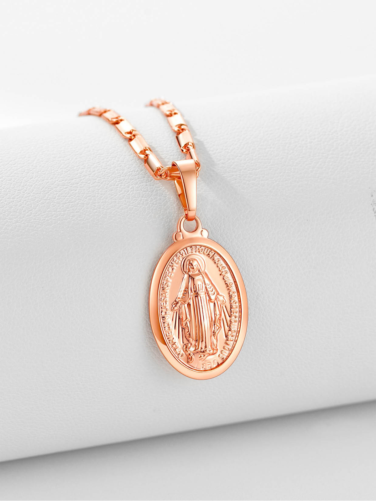 Virgin Mary Pendant Oval Miraculous Medal Necklace in Rose Gold