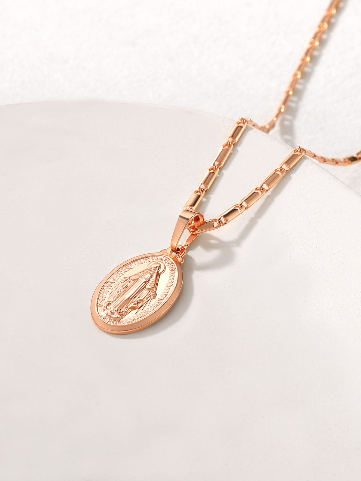 Virgin Mary Pendant Oval Miraculous Medal Necklace in Rose Gold