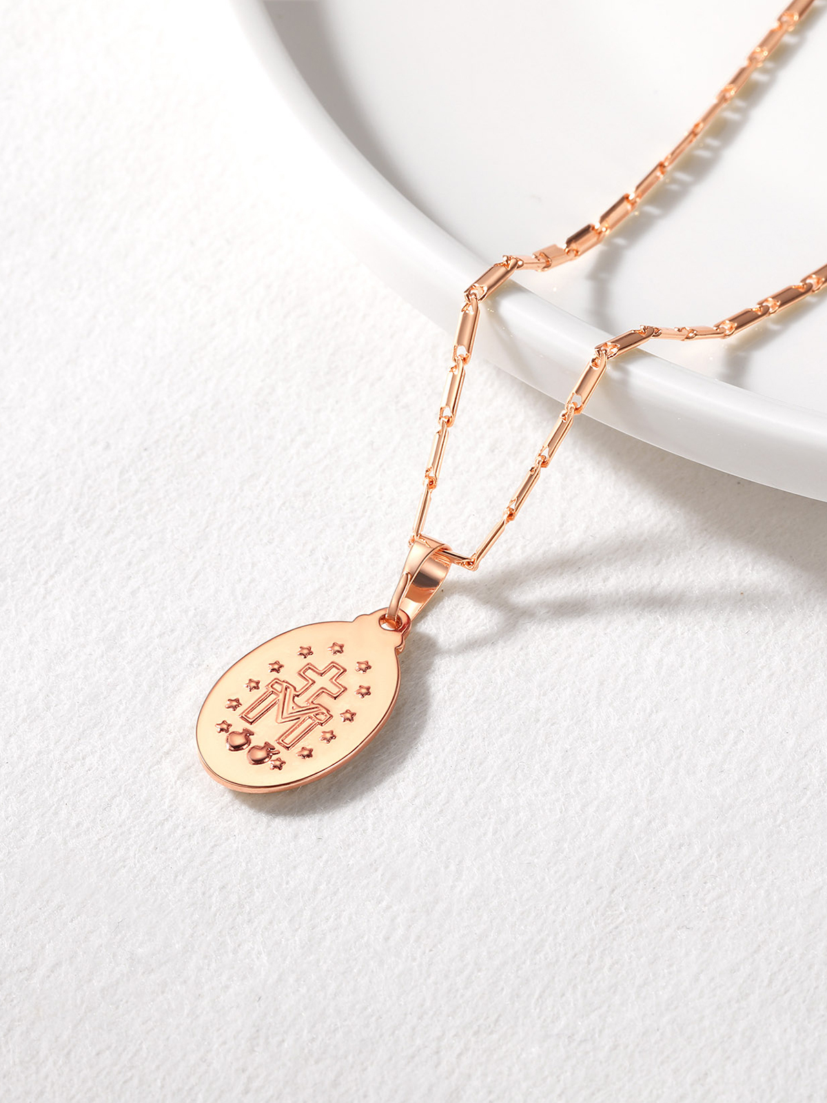Virgin Mary Pendant Oval Miraculous Medal Necklace in Rose Gold