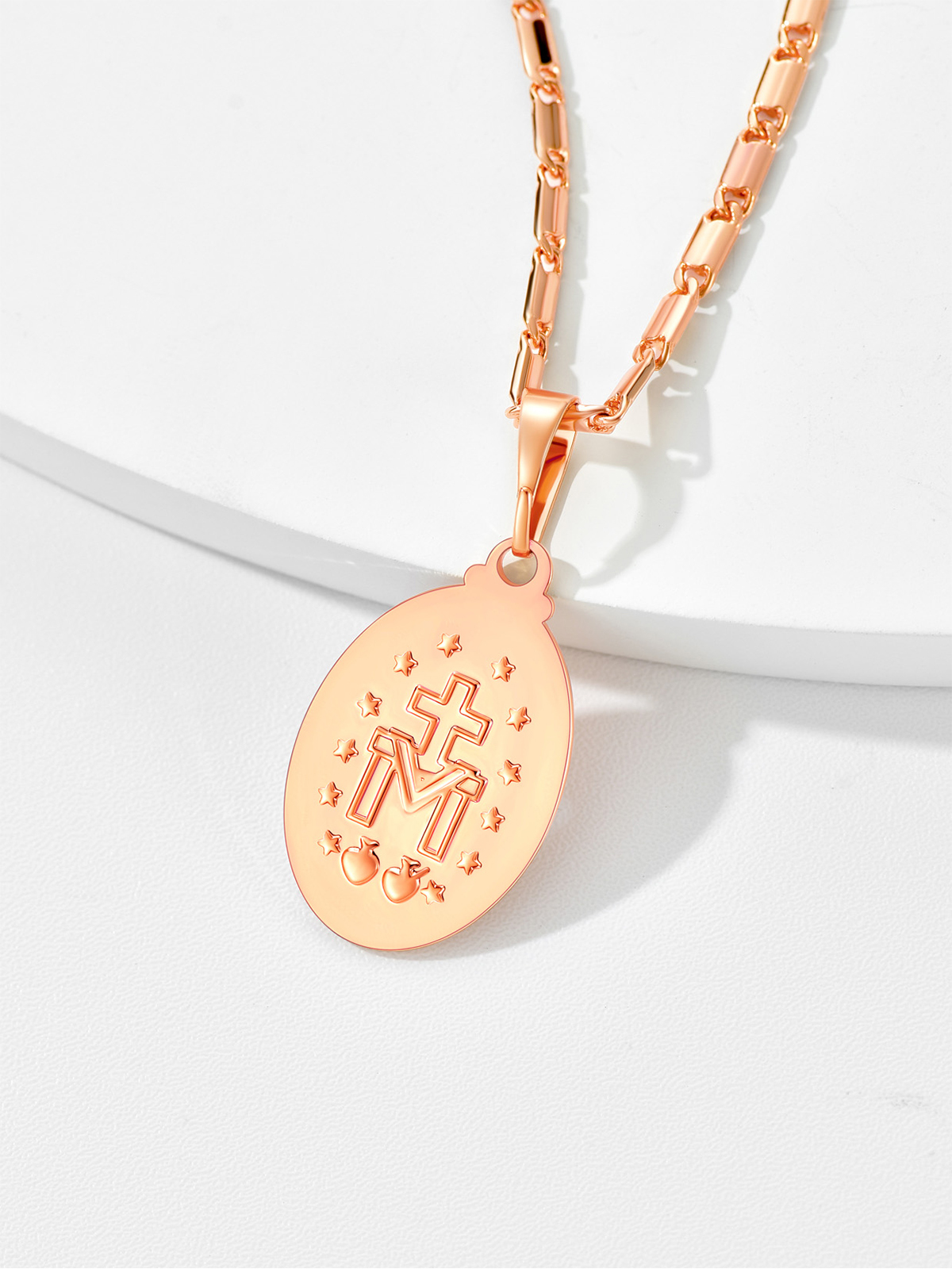 Virgin Mary Pendant Oval Miraculous Medal Necklace in Rose Gold