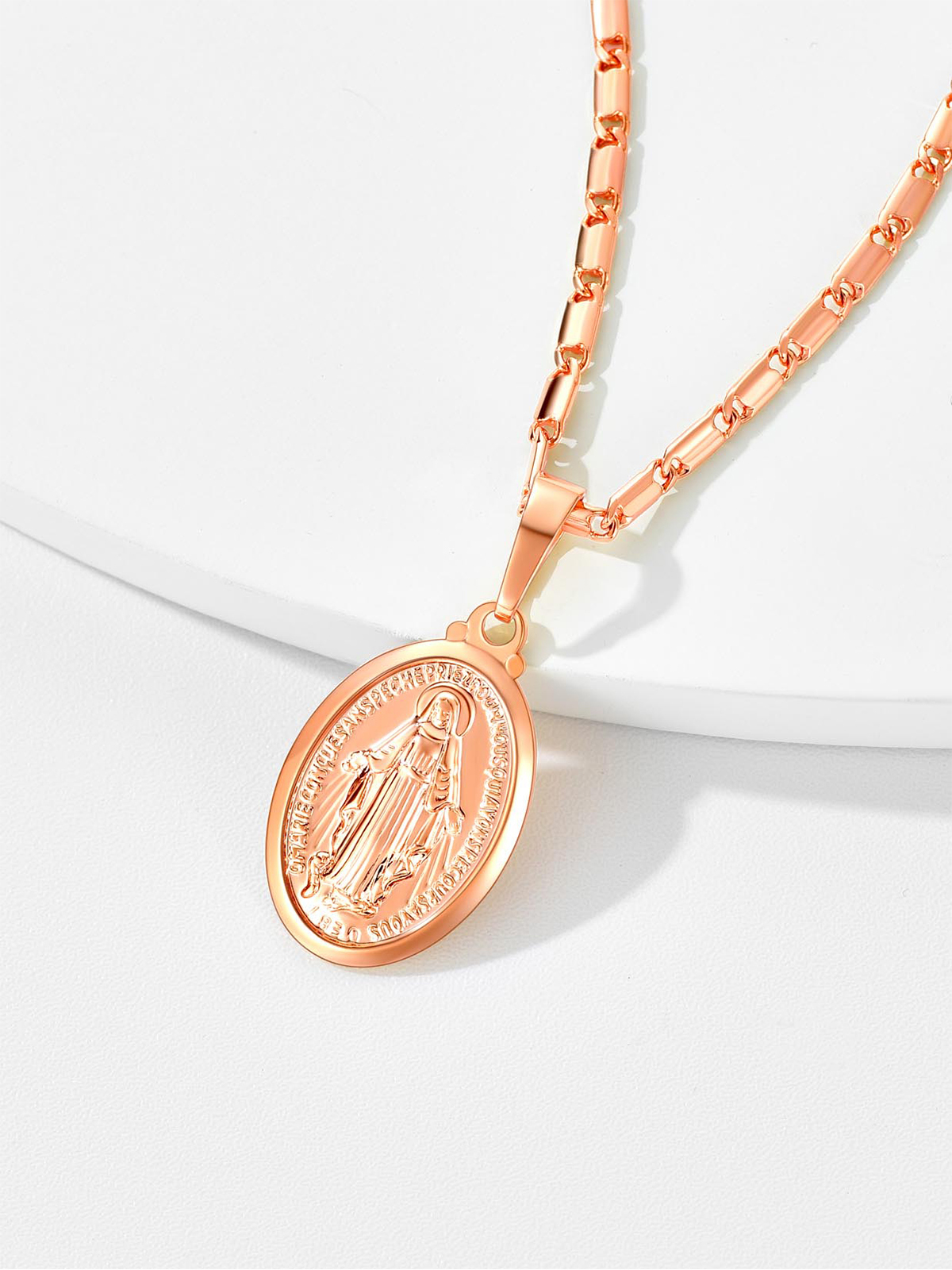 Virgin Mary Pendant Oval Miraculous Medal Necklace in Rose Gold