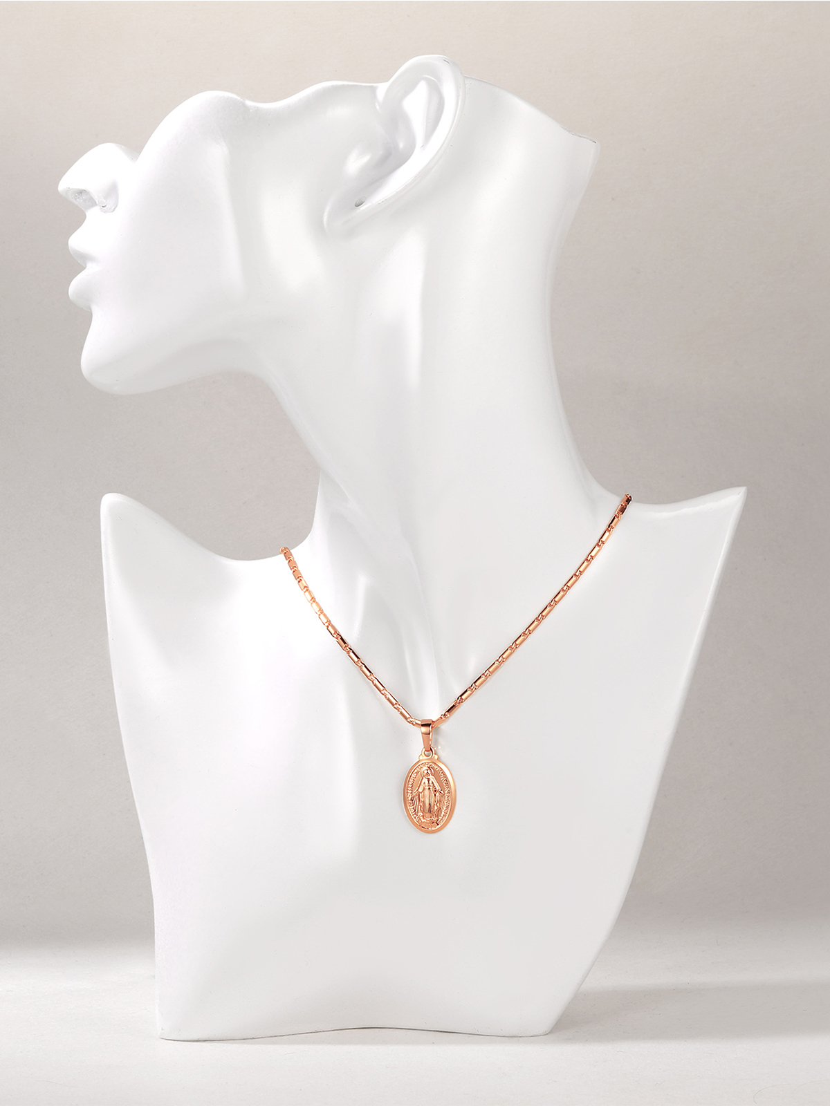 Virgin Mary Pendant Oval Miraculous Medal Necklace in Rose Gold