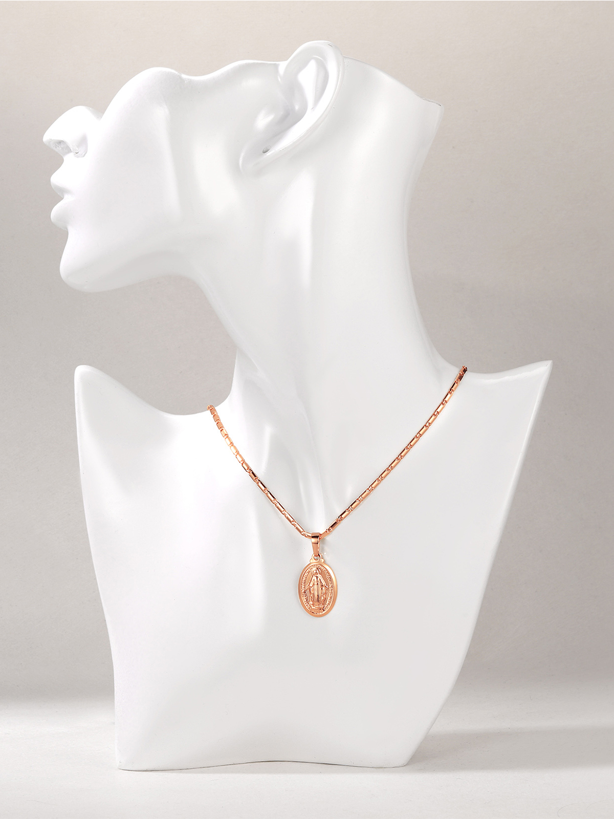 Virgin Mary Pendant Oval Miraculous Medal Necklace in Rose Gold