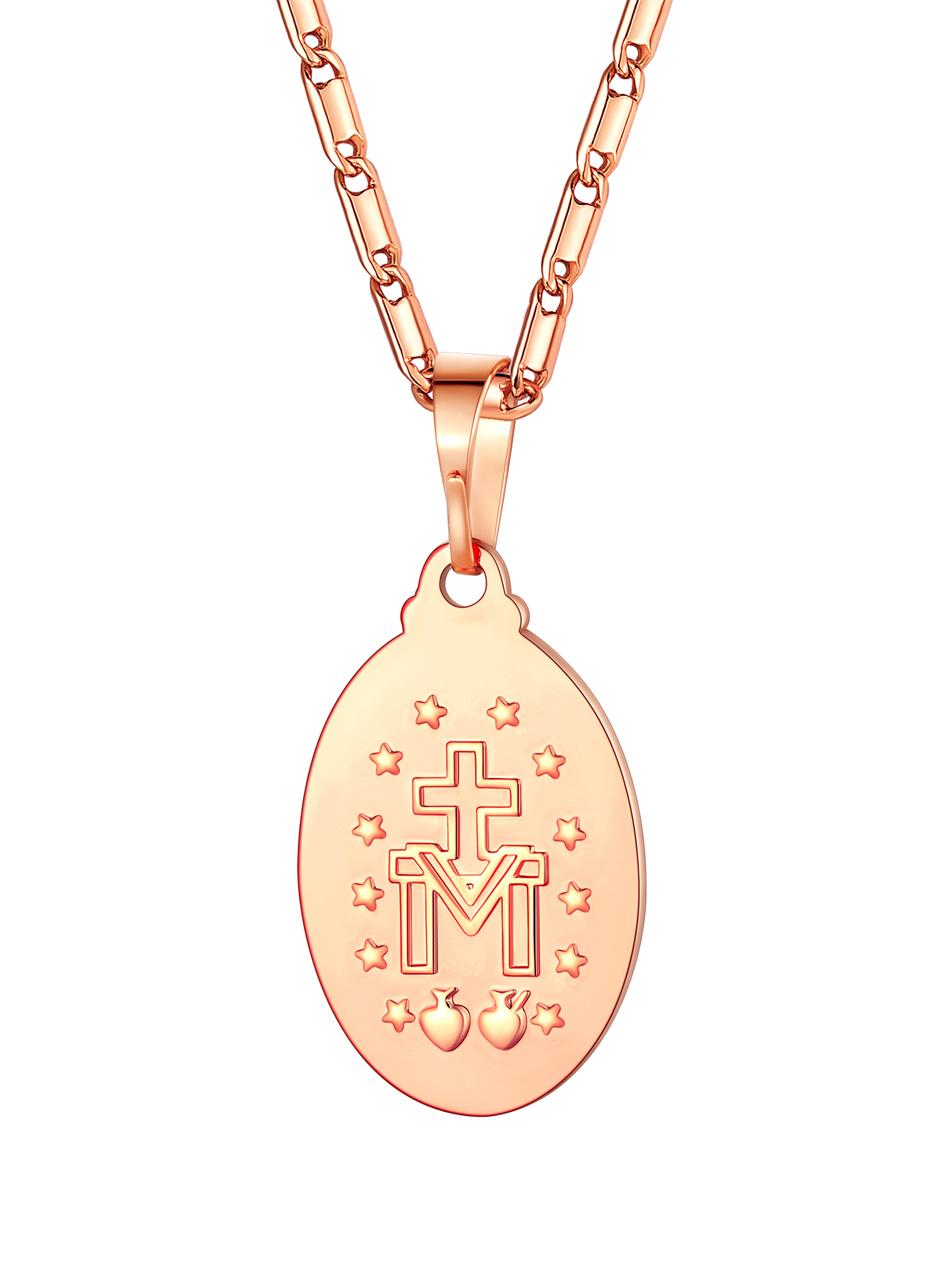 Virgin Mary Pendant Oval Miraculous Medal Necklace in Rose Gold