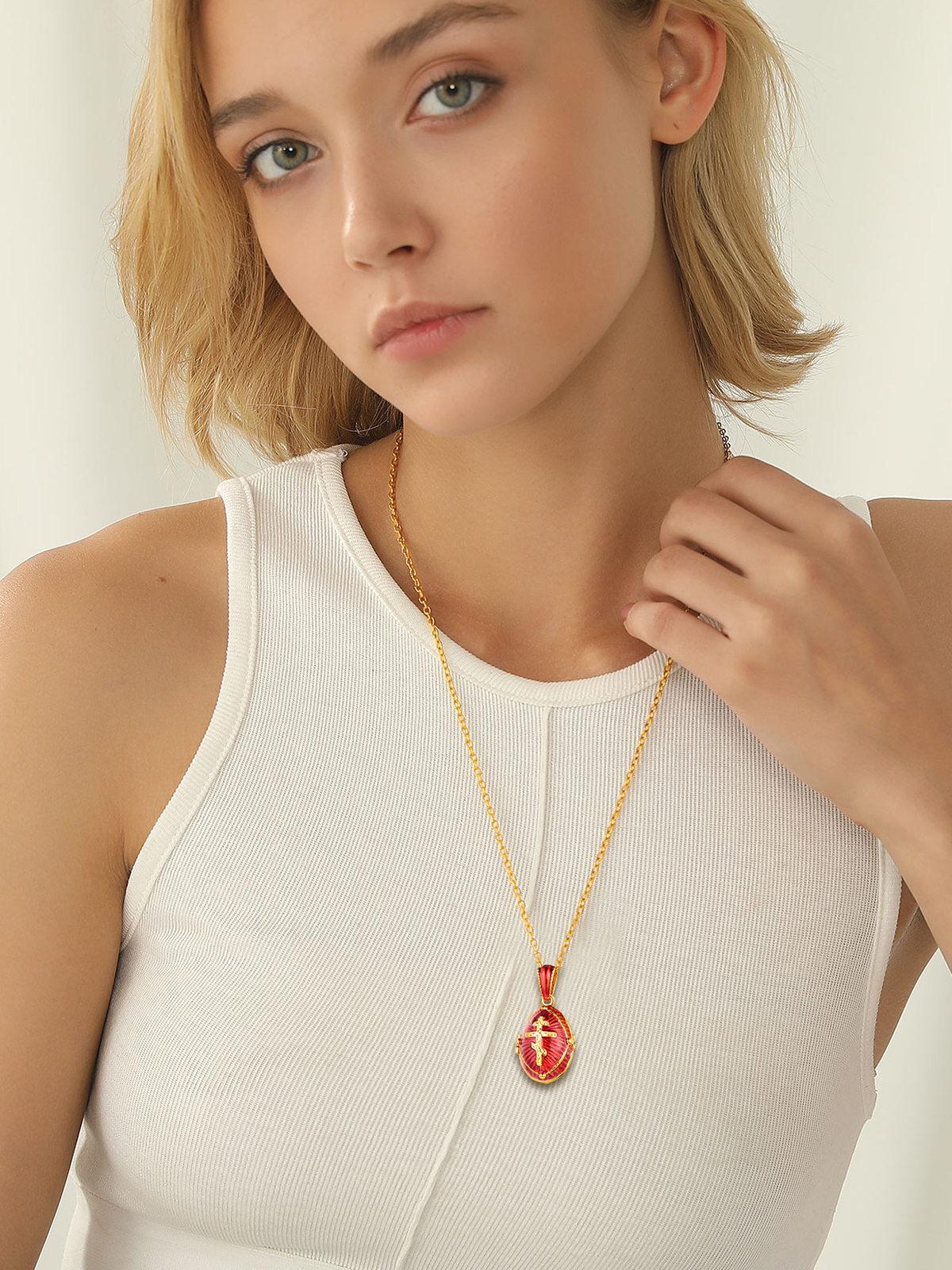 Orthodox Cross Pendant Red Enamel Necklace in 18K Gold
