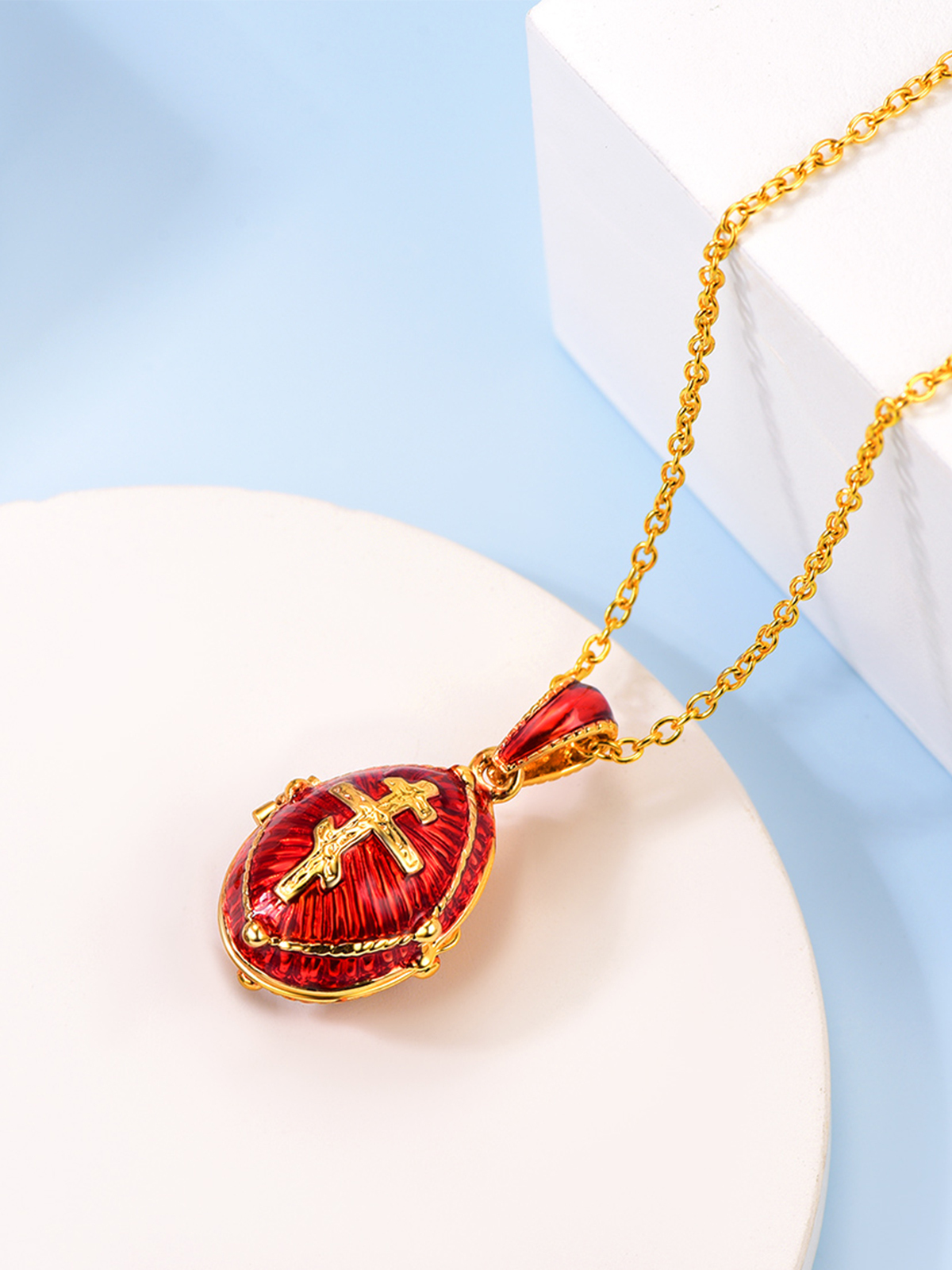 Orthodox Cross Pendant Red Enamel Necklace in 18K Gold