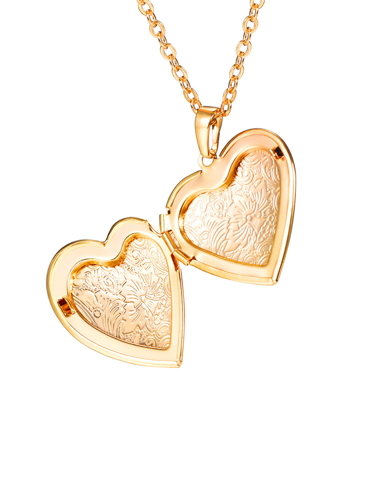 Heart Photo Locket Pendant Flower Engraved Necklace in 18K Gold Plated