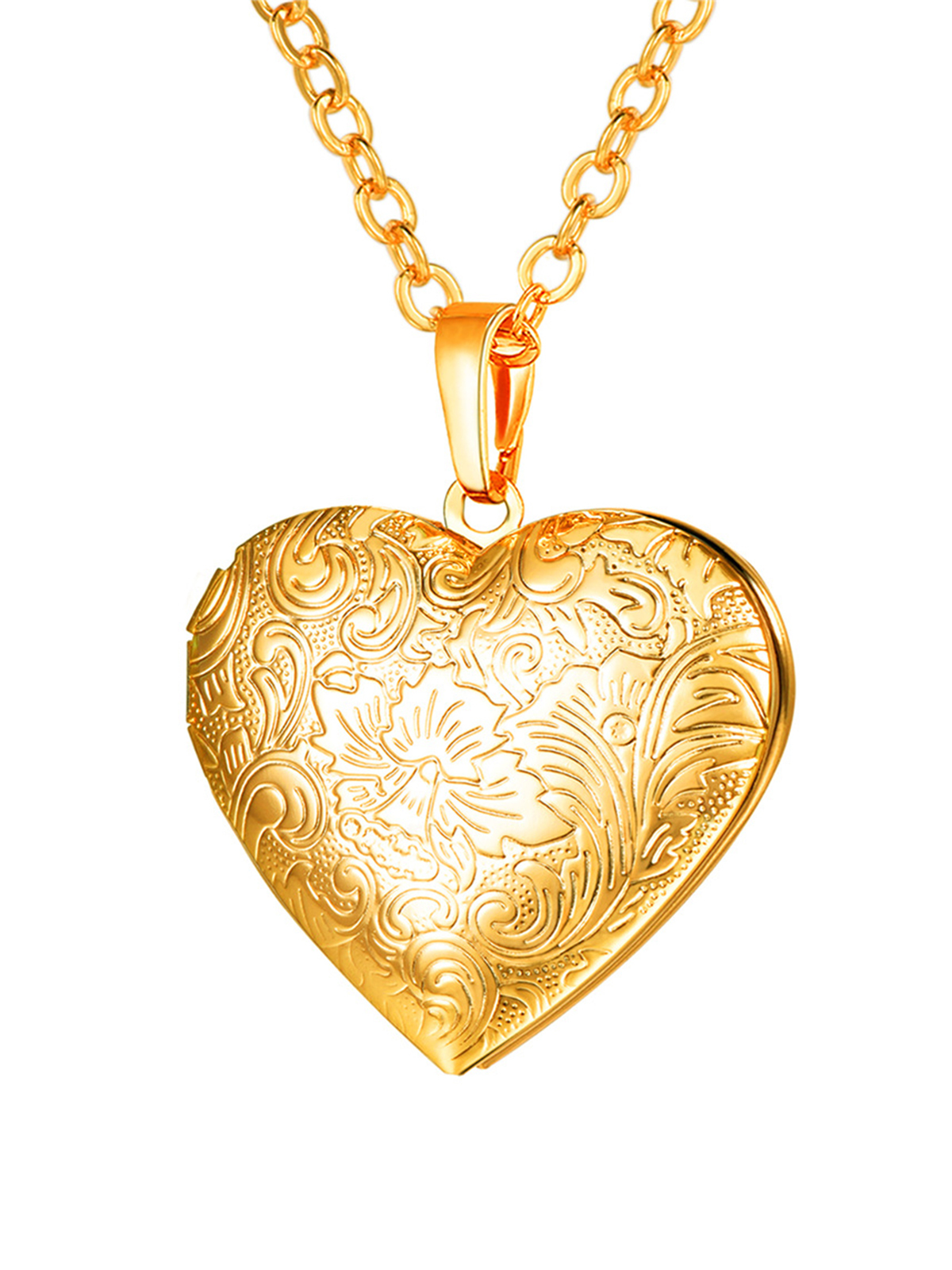 Heart Photo Locket Pendant Flower Engraved Necklace in 18K Gold Plated