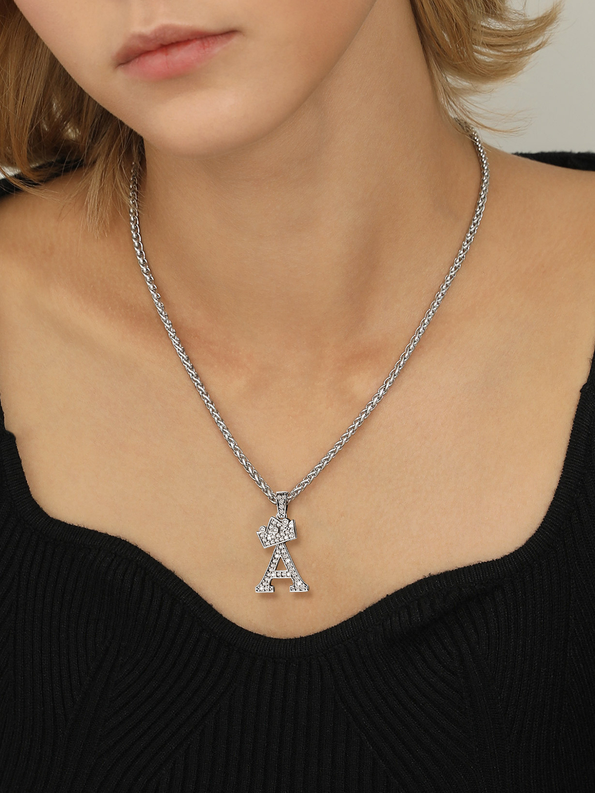 Crown Initial A Pendant Iced Out Necklace with CZ in Silver