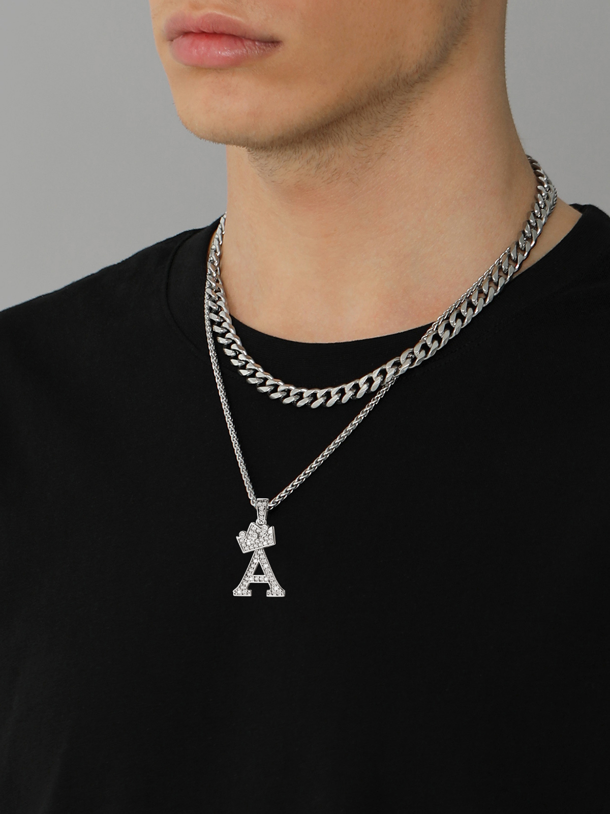 Crown Initial A Pendant Iced Out Necklace with CZ in Silver