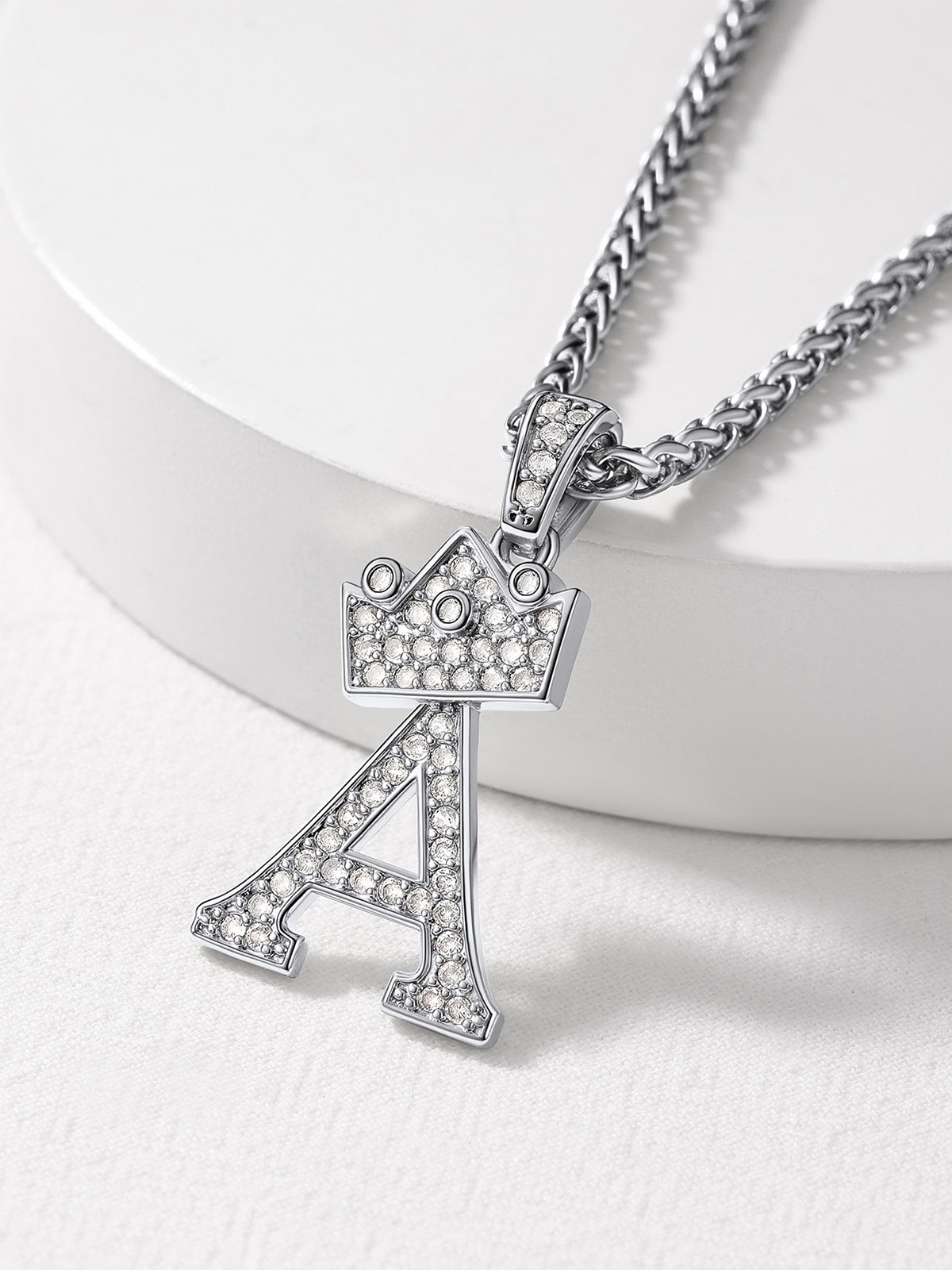 Crown Initial A Pendant Iced Out Necklace with CZ in Silver
