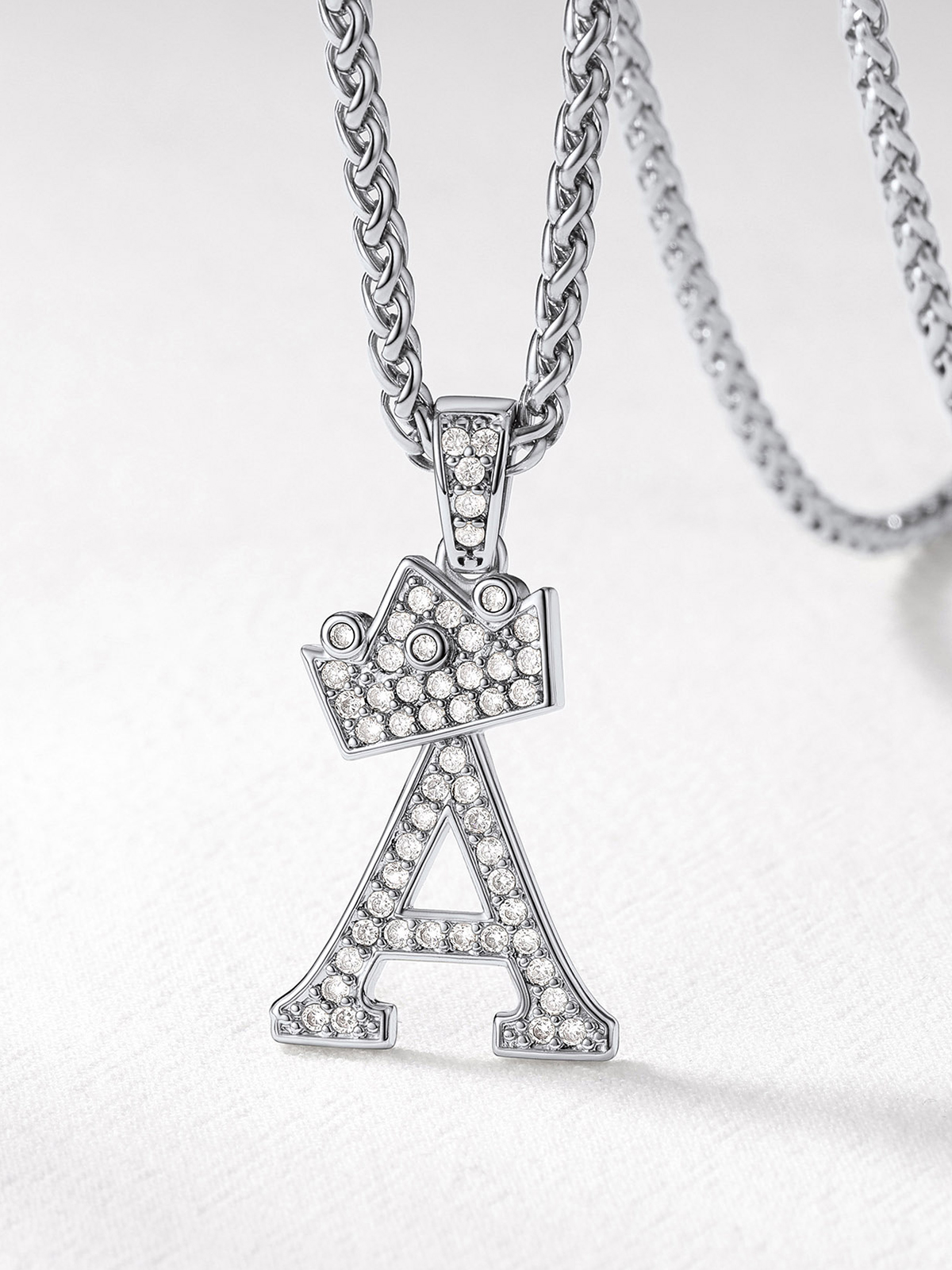 Crown Initial A Pendant Iced Out Necklace with CZ in Silver