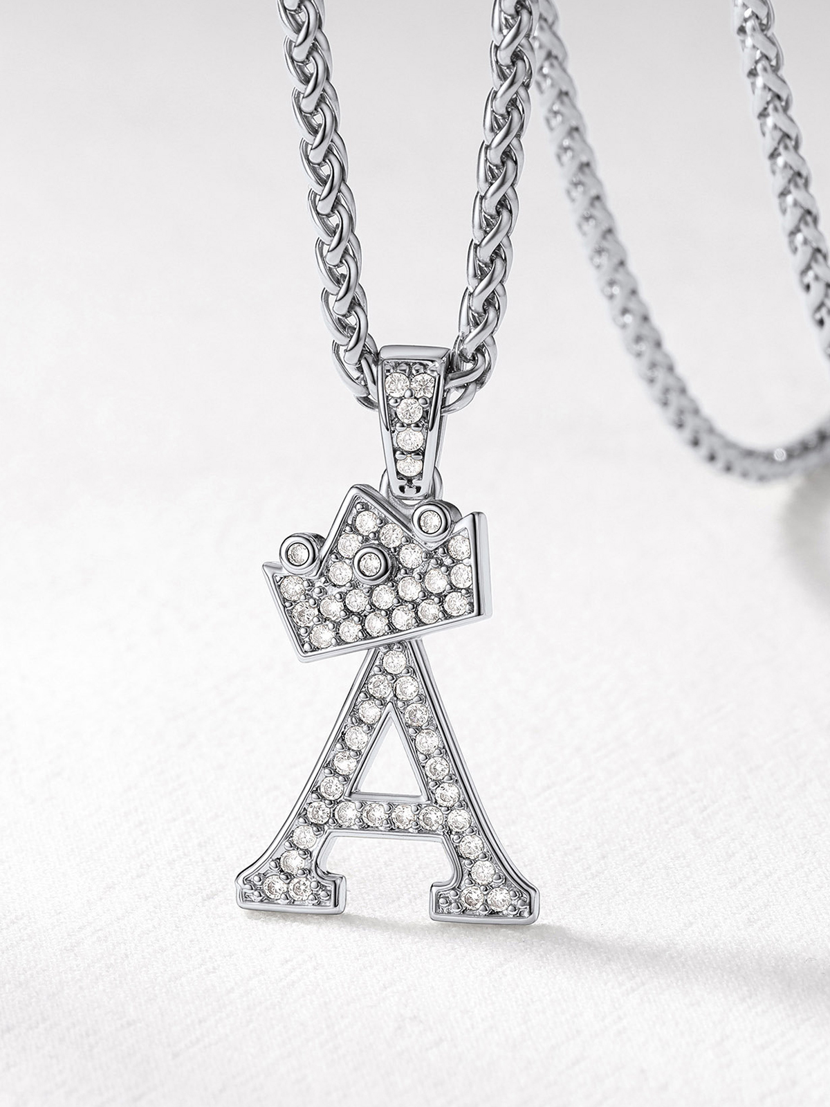 Crown Initial A Pendant Iced Out Necklace with CZ in Silver