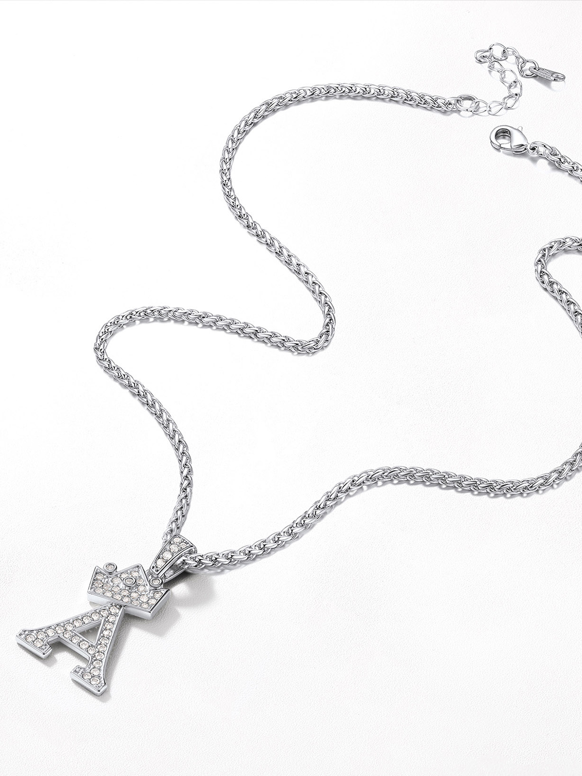 Crown Initial A Pendant Iced Out Necklace with CZ in Silver