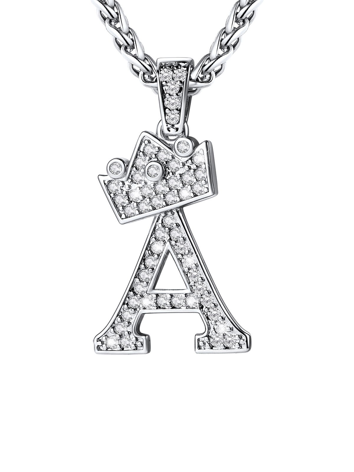 Crown Initial A Pendant Iced Out Necklace with CZ in Silver