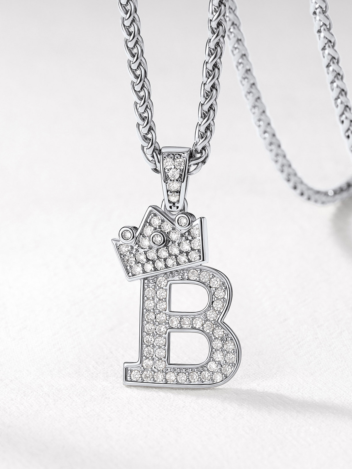 Crown Initial Pendant Iced Out Necklace with CZ in Silver