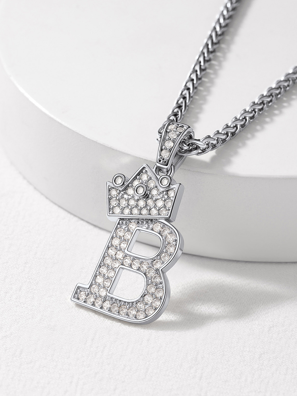 Crown Initial Pendant Iced Out Necklace with CZ in Silver