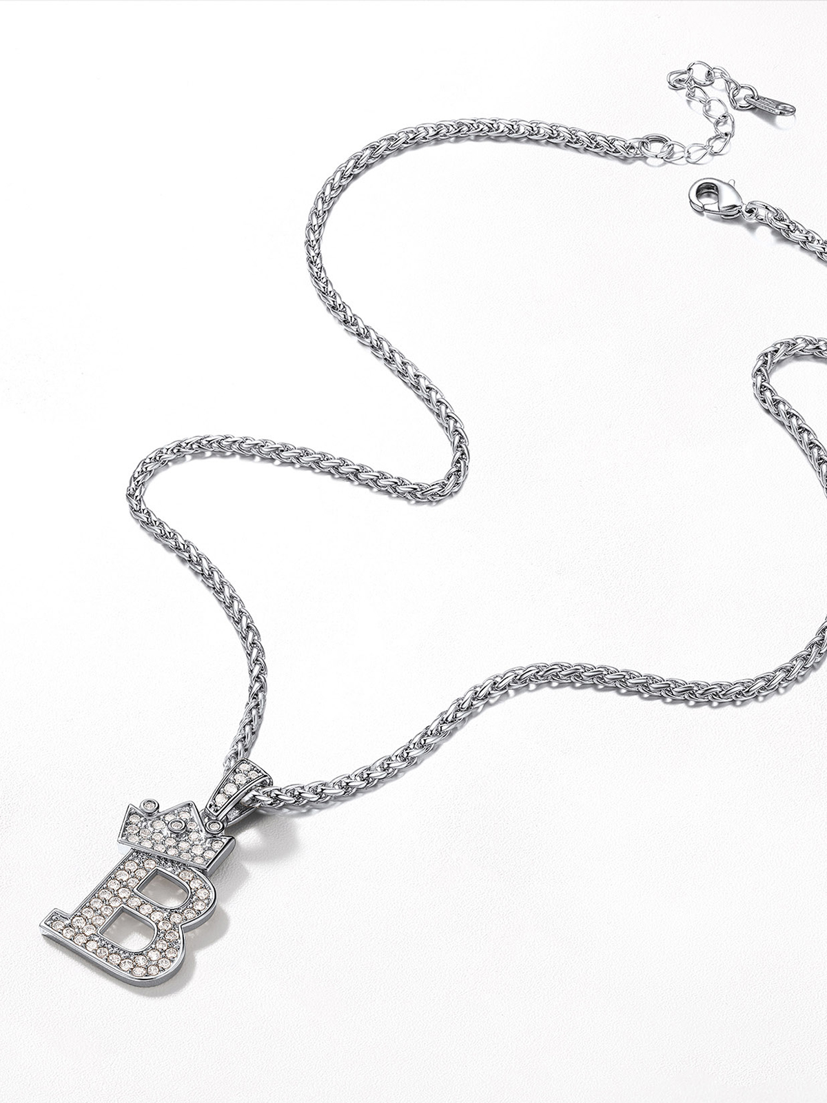 Crown Initial Pendant Iced Out Necklace with CZ in Silver