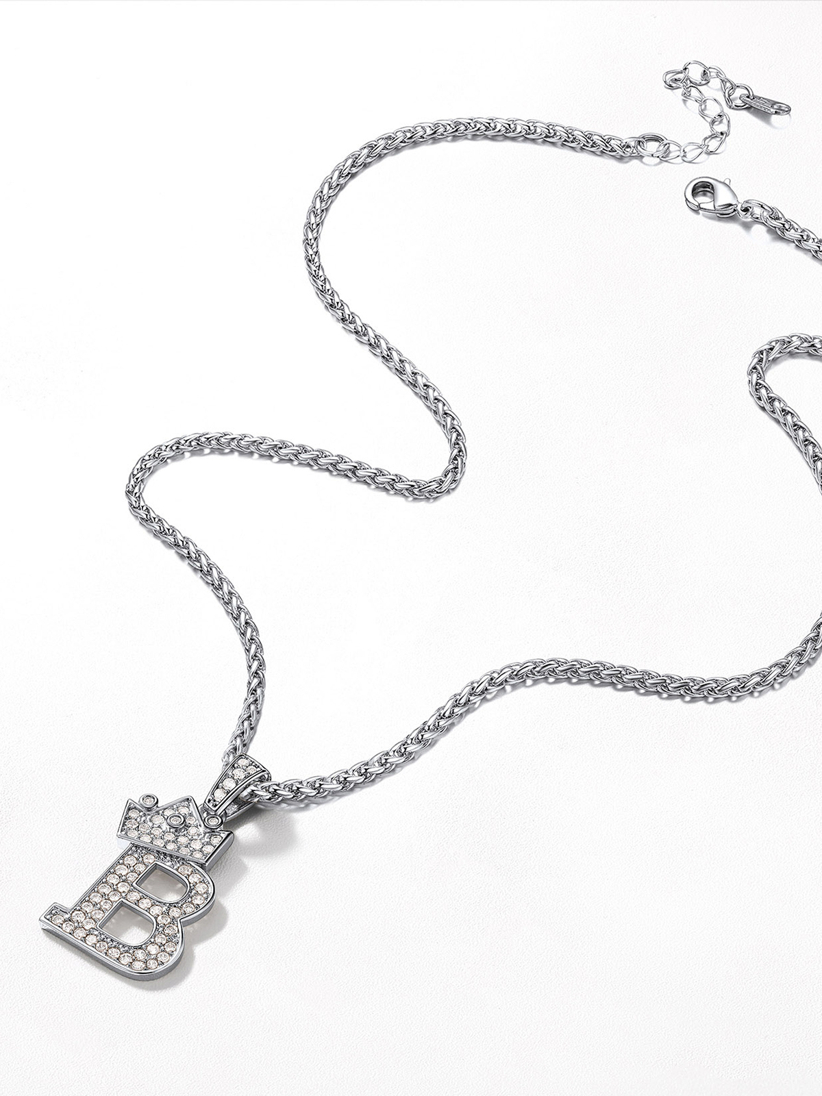Crown Initial Pendant Iced Out Necklace with CZ in Silver